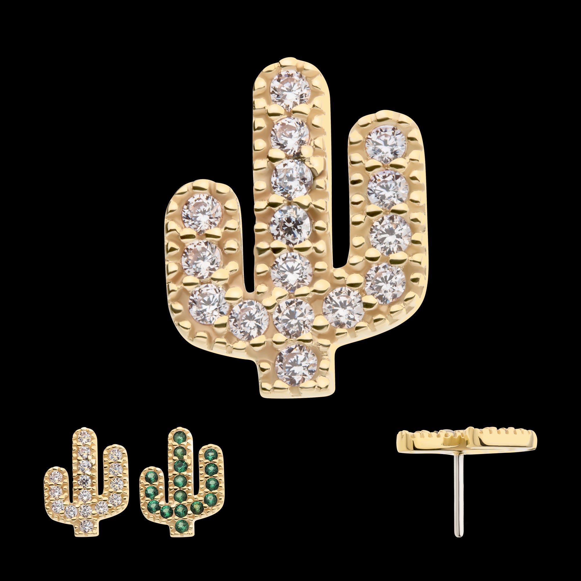 CZ Cactus Flatback Stud Earring / Nosering - CZ in 14Kt Yellow Gold