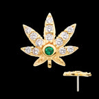 Clear & Emerald CZ Pot Leaf Flatback Stud Earring / Nosering - CZ in 14Kt Yellow Gold