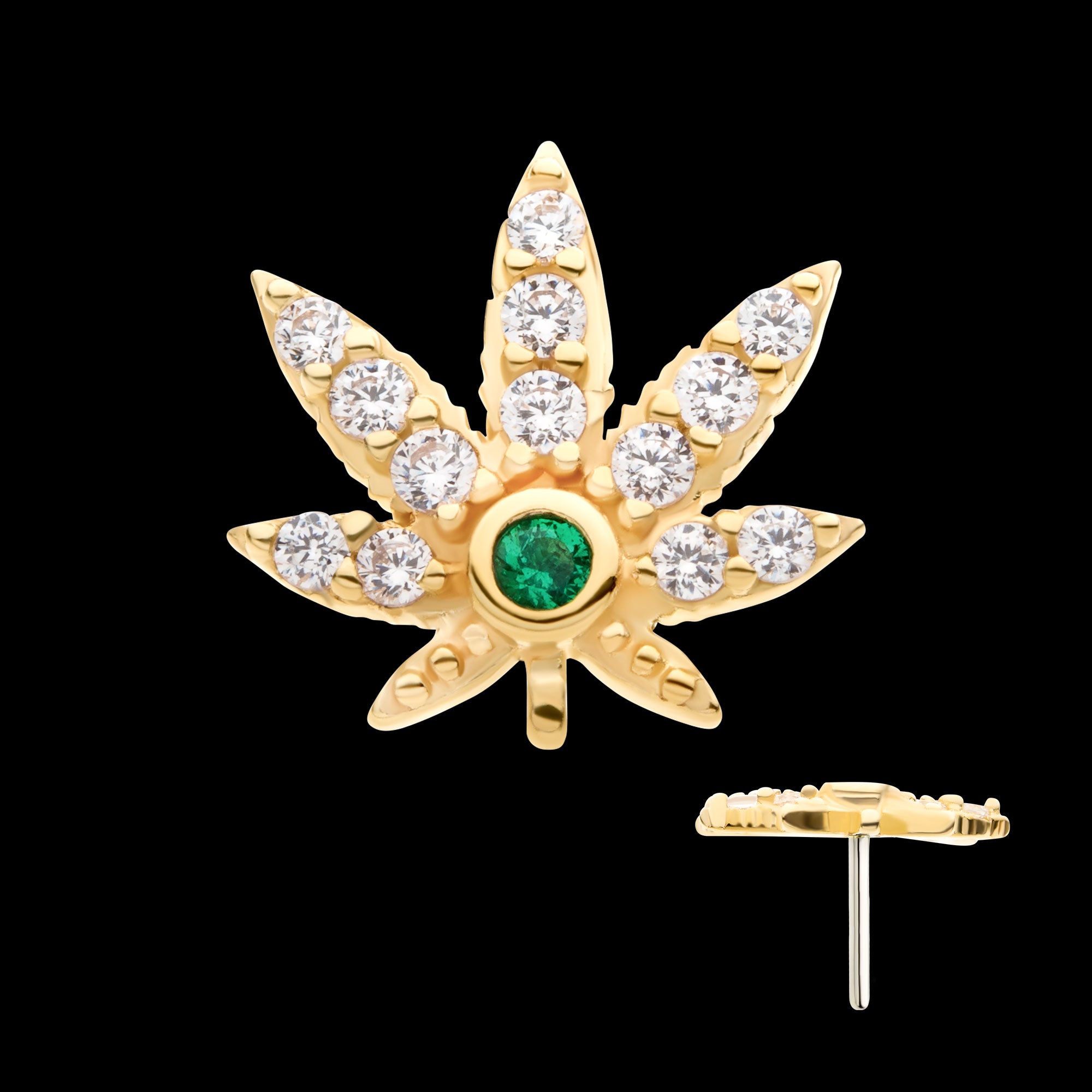 Clear & Emerald CZ Pot Leaf Flatback Stud Earring / Nosering - CZ in 14Kt Yellow Gold