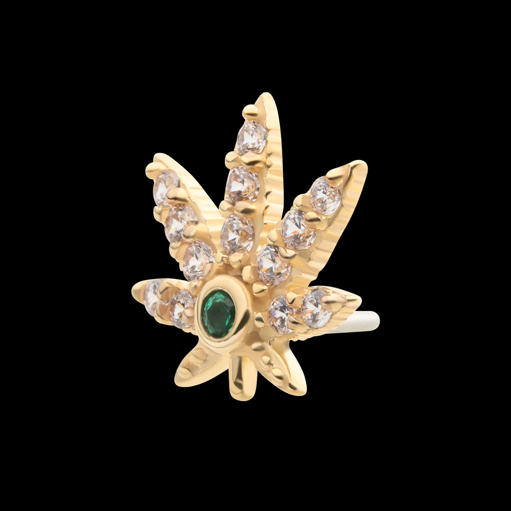 Clear & Emerald CZ Pot Leaf Flatback Stud Earring / Nosering - CZ in 14Kt Yellow Gold