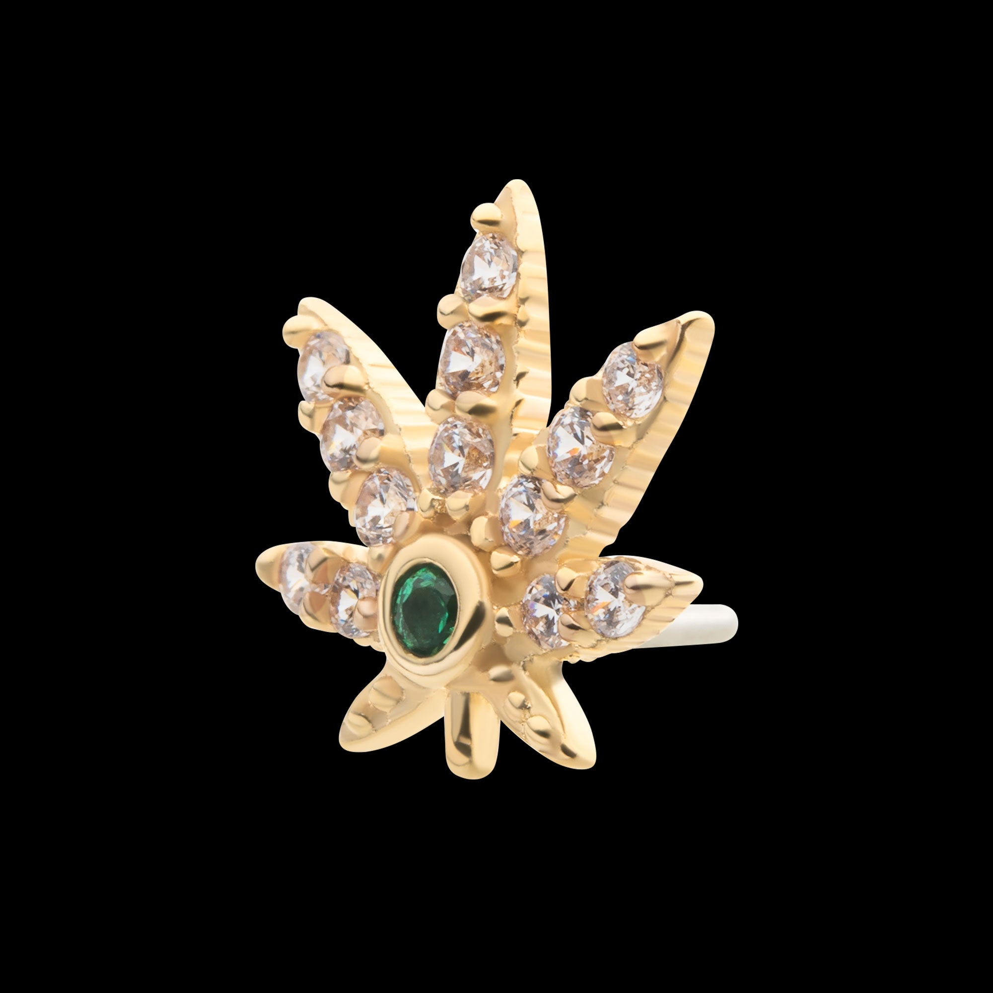 Clear & Emerald CZ Pot Leaf Flatback Stud Earring / Nosering - CZ in 14Kt Yellow Gold