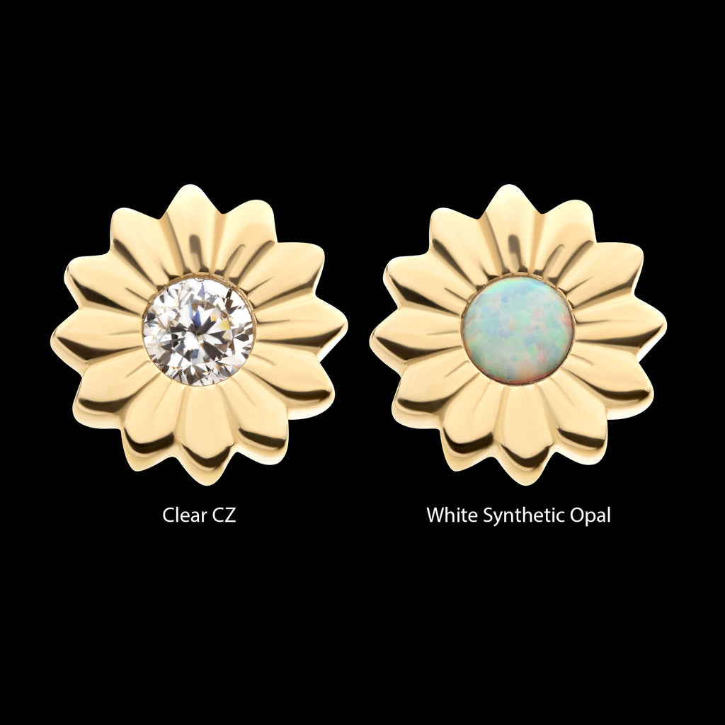 Bezel Set Gem/Opal Sunflower Flatback Stud Earring / Nosering - Opal in 14Kt Yellow Gold