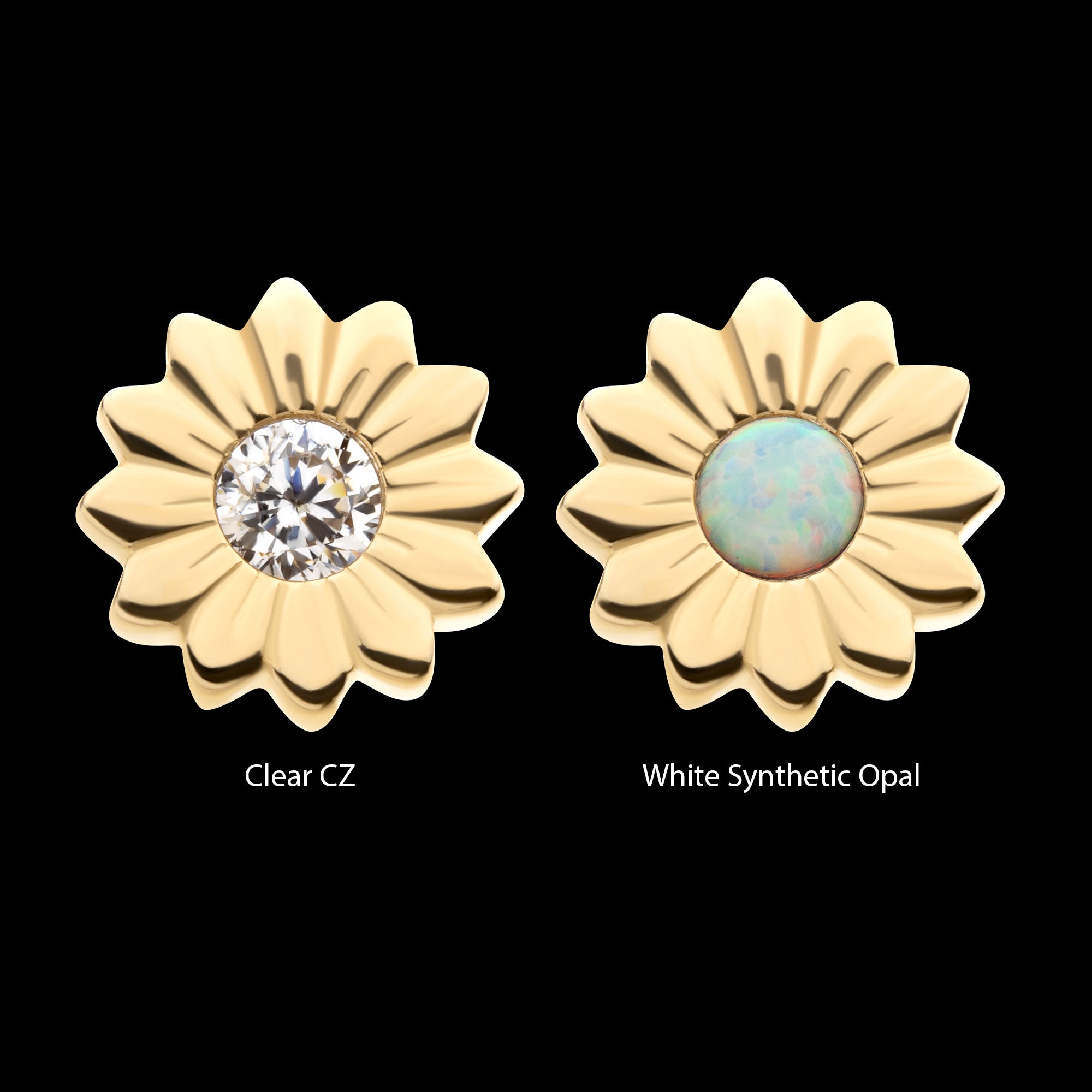 Bezel Set Gem/Opal Sunflower Flatback Stud Earring / Nosering - Opal in 14Kt Yellow Gold