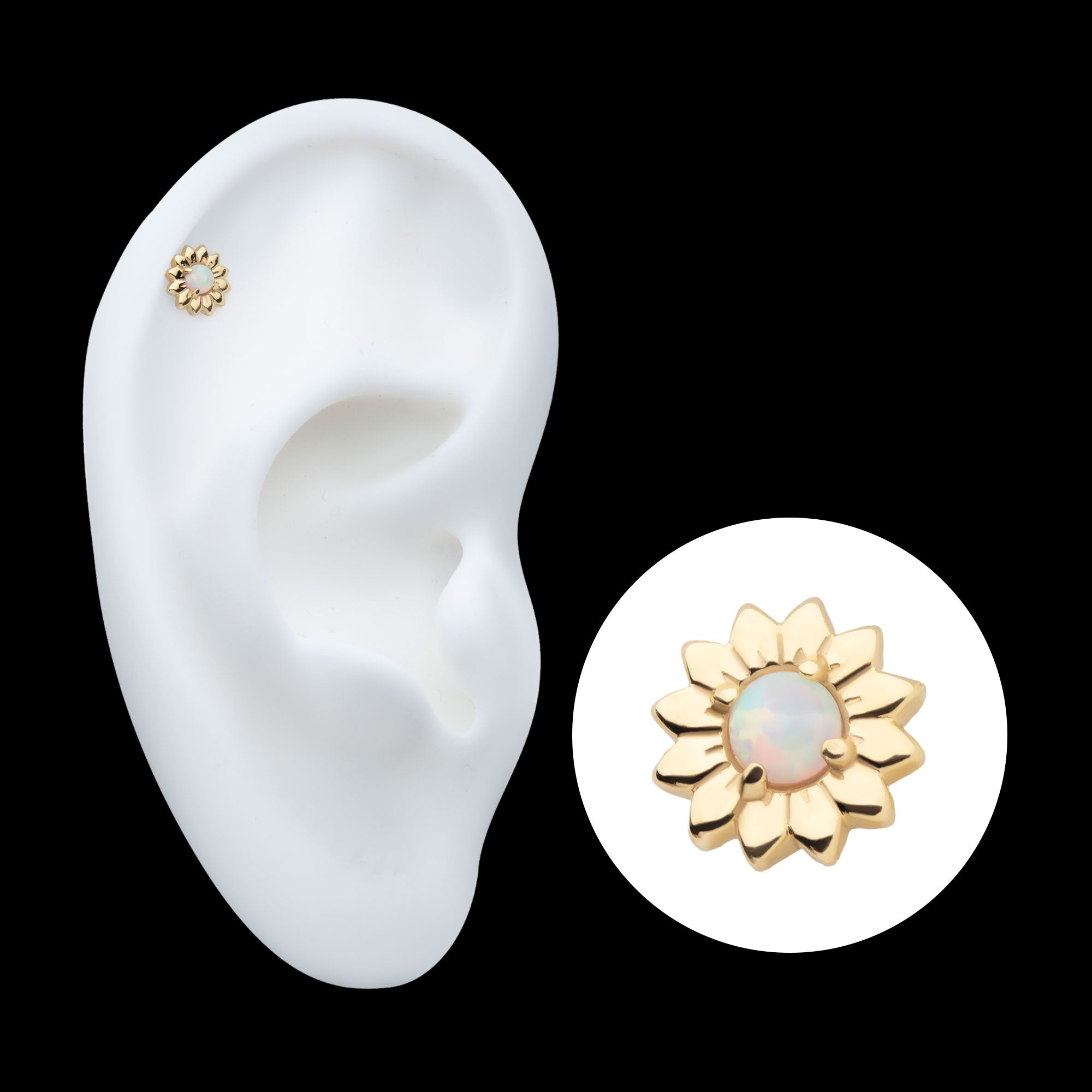 Prong Set Round White Opal Sunflower Flatback Stud Earring / Nosering - White Opal & Opal in 14Kt Yellow Gold