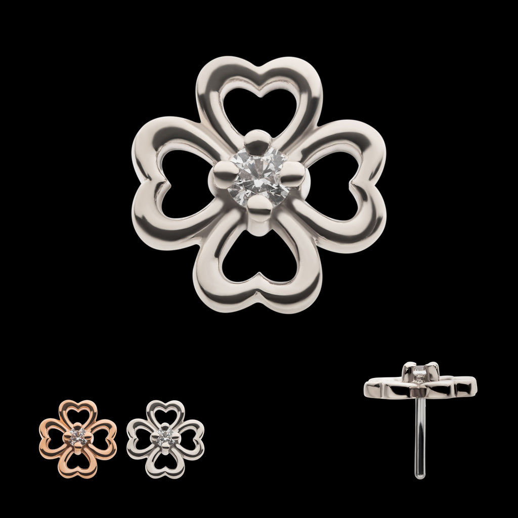 Prong Set Clear CZ 4-Leaf Clover Flatback Stud Earring / Nosering - Clear CZ in 14Kt Gold