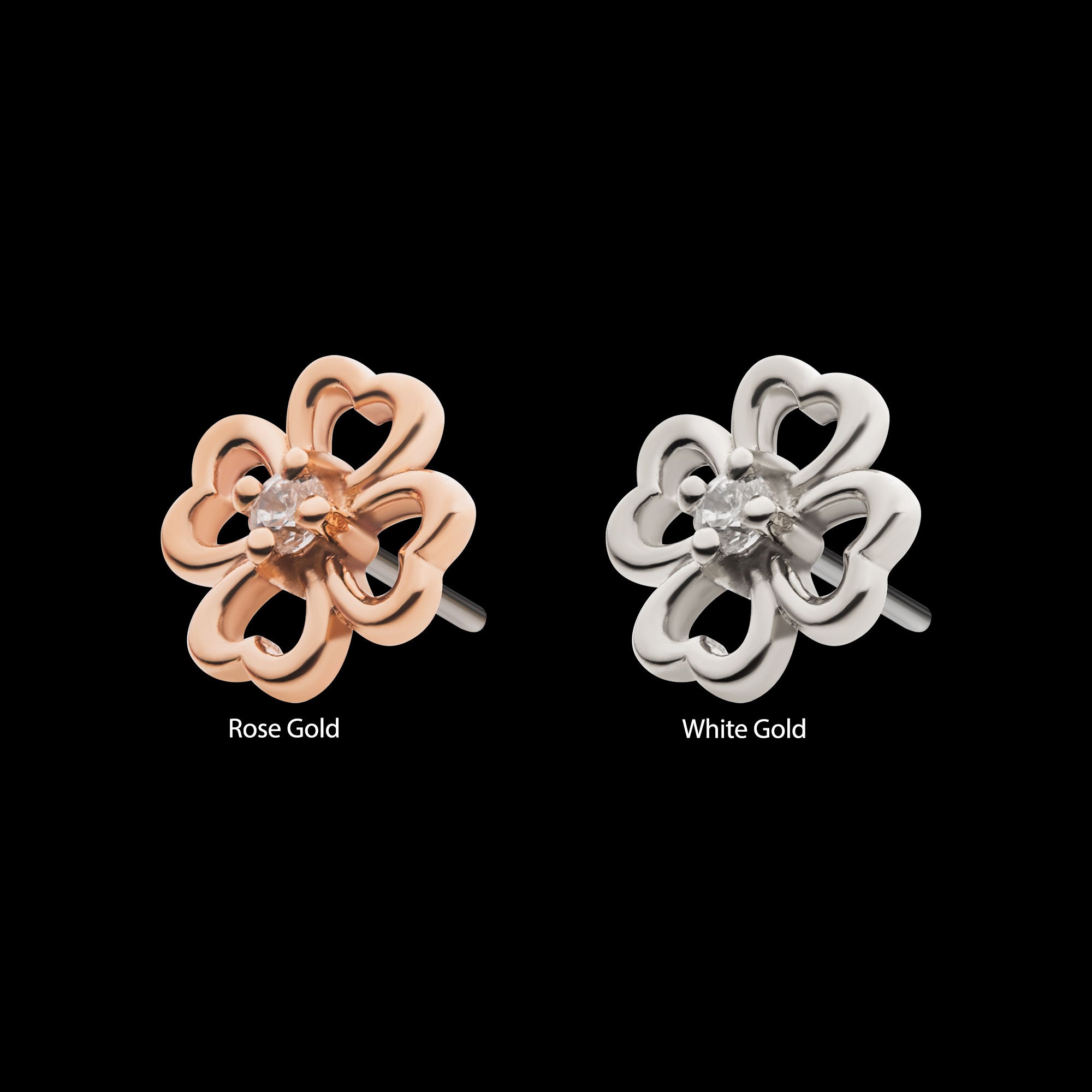 Prong Set Clear CZ 4-Leaf Clover Flatback Stud Earring / Nosering - Clear CZ in 14Kt Gold