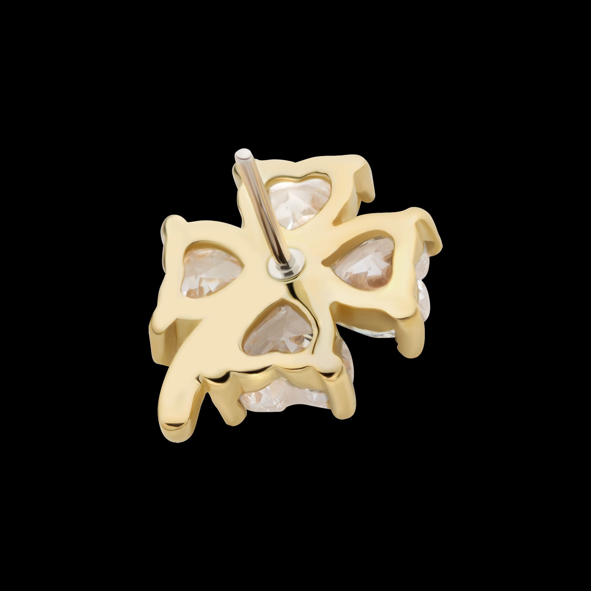 Prong Set Heart CZ Gem 4-Petal Clover Flatback Stud Earring / Nosering - CZ in 14Kt Yellow Gold