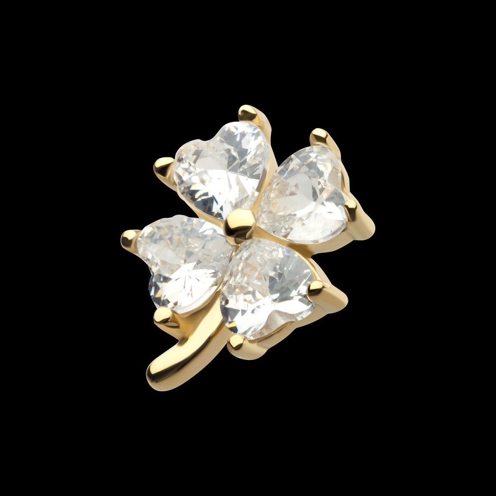 Prong Set Heart CZ Gem 4-Petal Clover Flatback Stud Earring / Nosering - CZ in 14Kt Yellow Gold