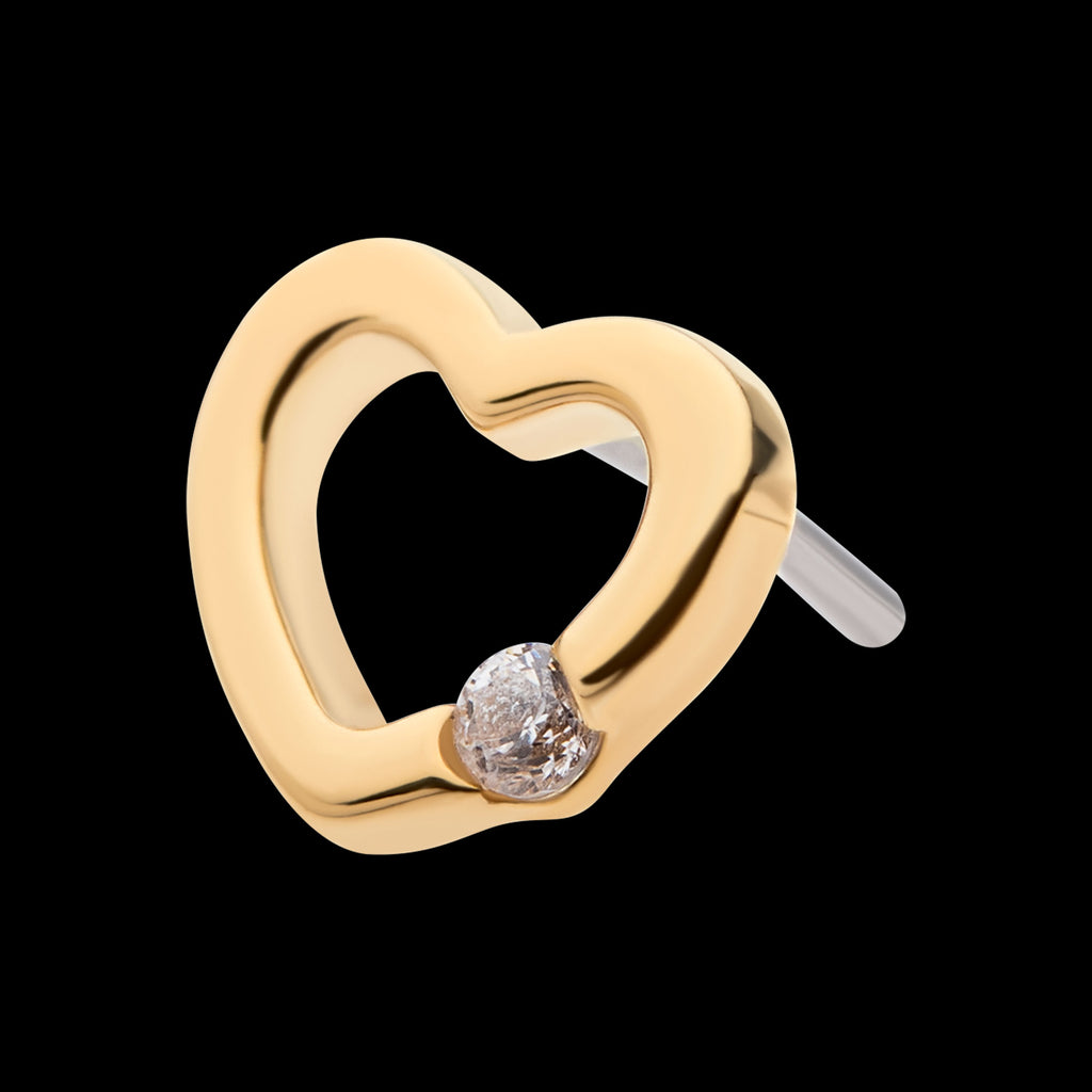 Bezel Set Round Gem Cut Out Heart Flatback Stud Earring / Nosering - Gem in 14Kt Yellow Gold