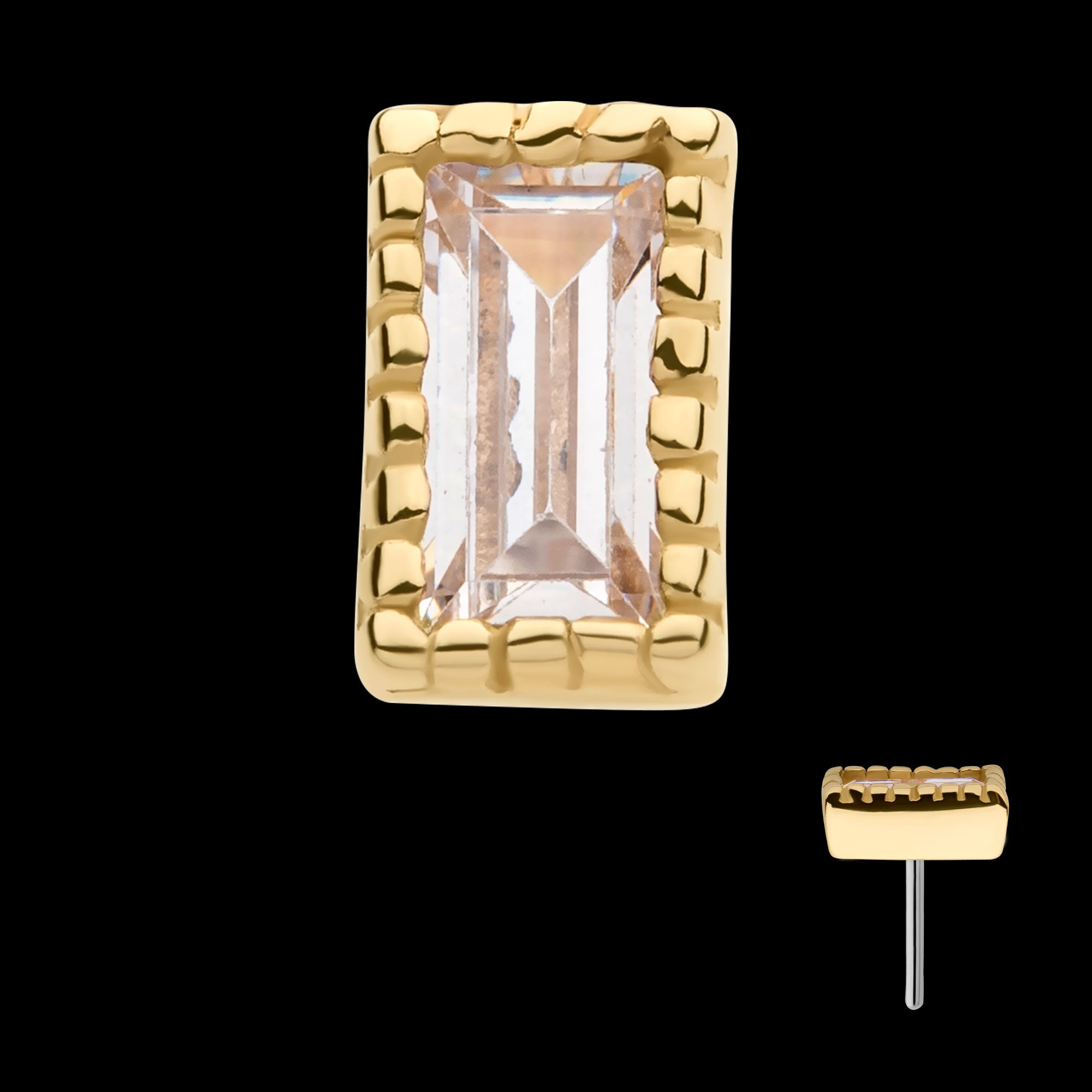 Baguette CZ Rectangular Flatback Stud Earring / Nosering - CZ in 14Kt Yellow Gold