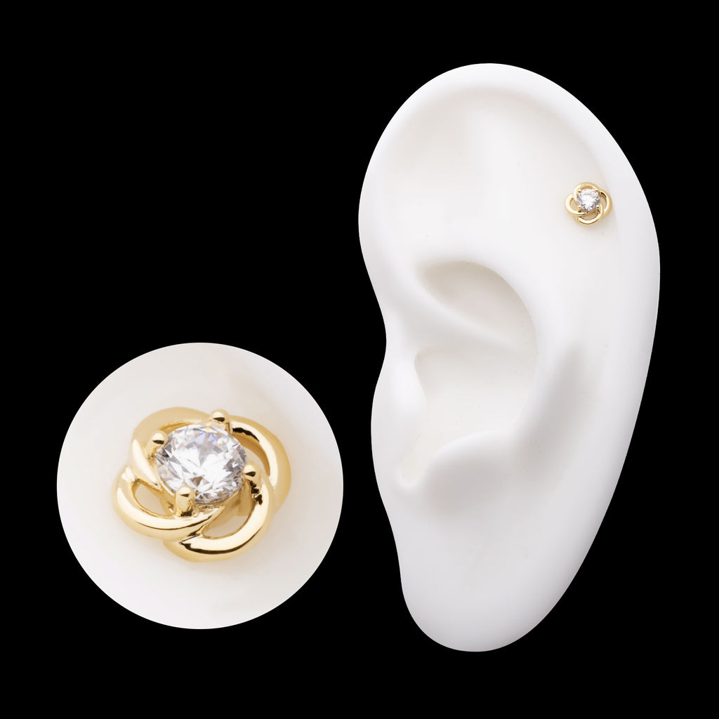 Prong Set Round CZ Gem Swirl Flatback Stud Earring / Nosering - CZ in 14Kt Yellow Gold