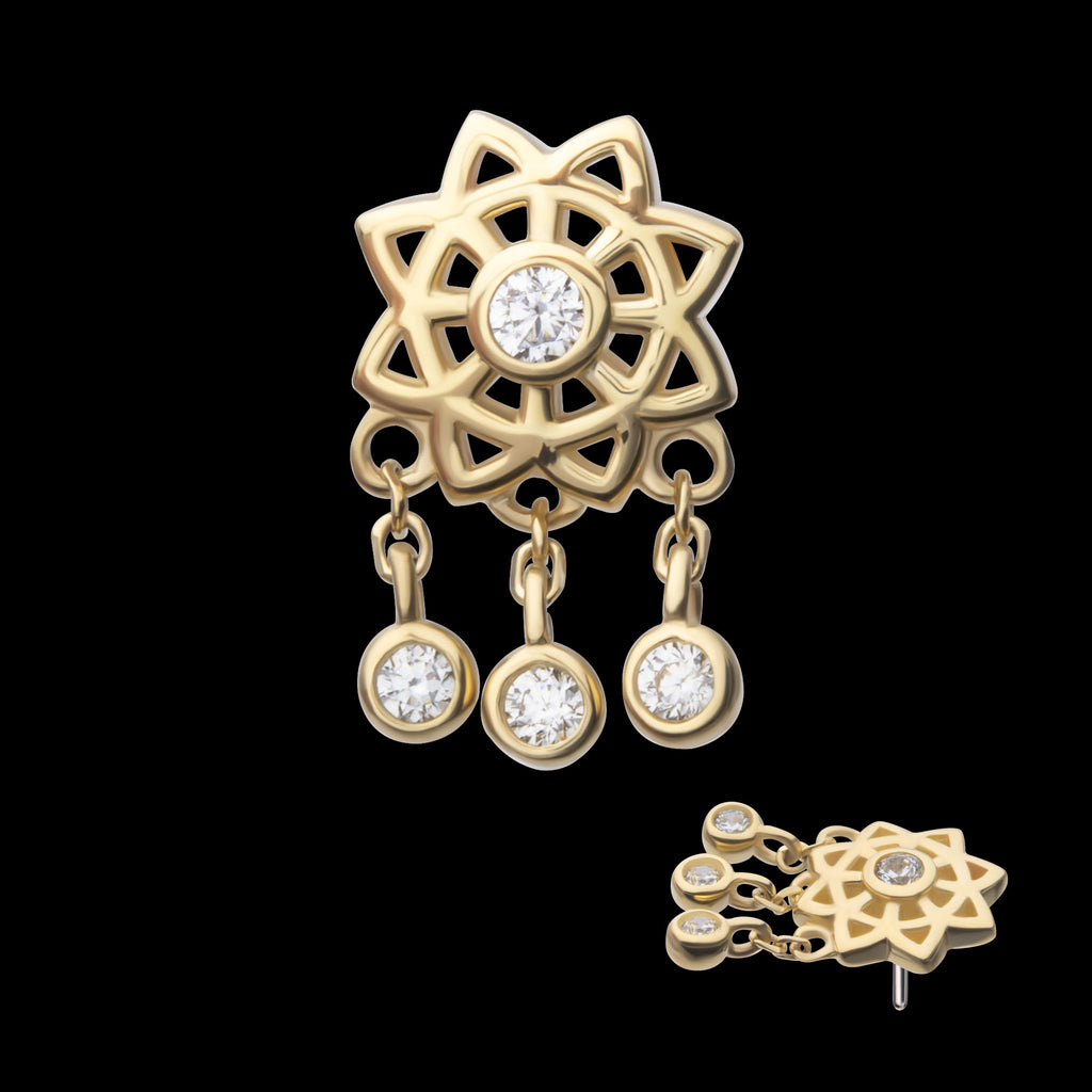 Mandala Flower with Triple Bezel Set Gem Dangle Flatback Stud Earring / Nosering - Gem in 14Kt Yellow Gold
