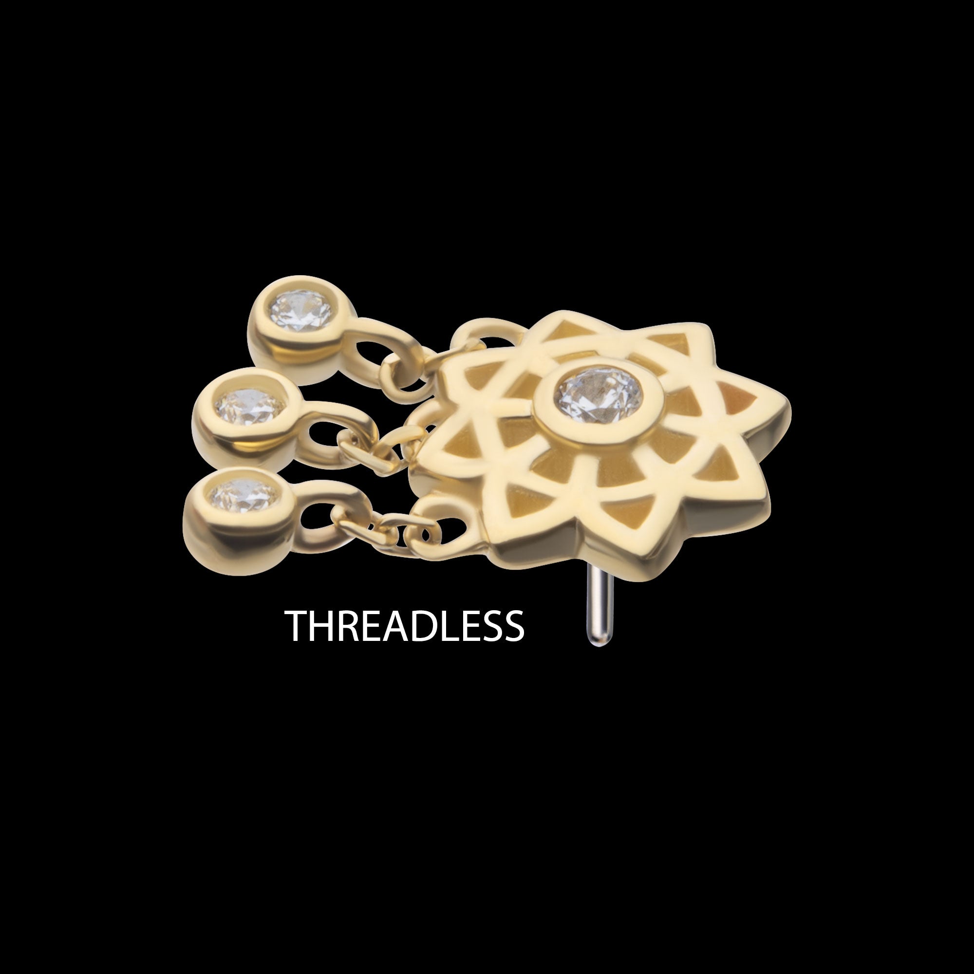 Mandala Flower with Triple Bezel Set Gem Dangle Flatback Stud Earring / Nosering - Gem in 14Kt Yellow Gold