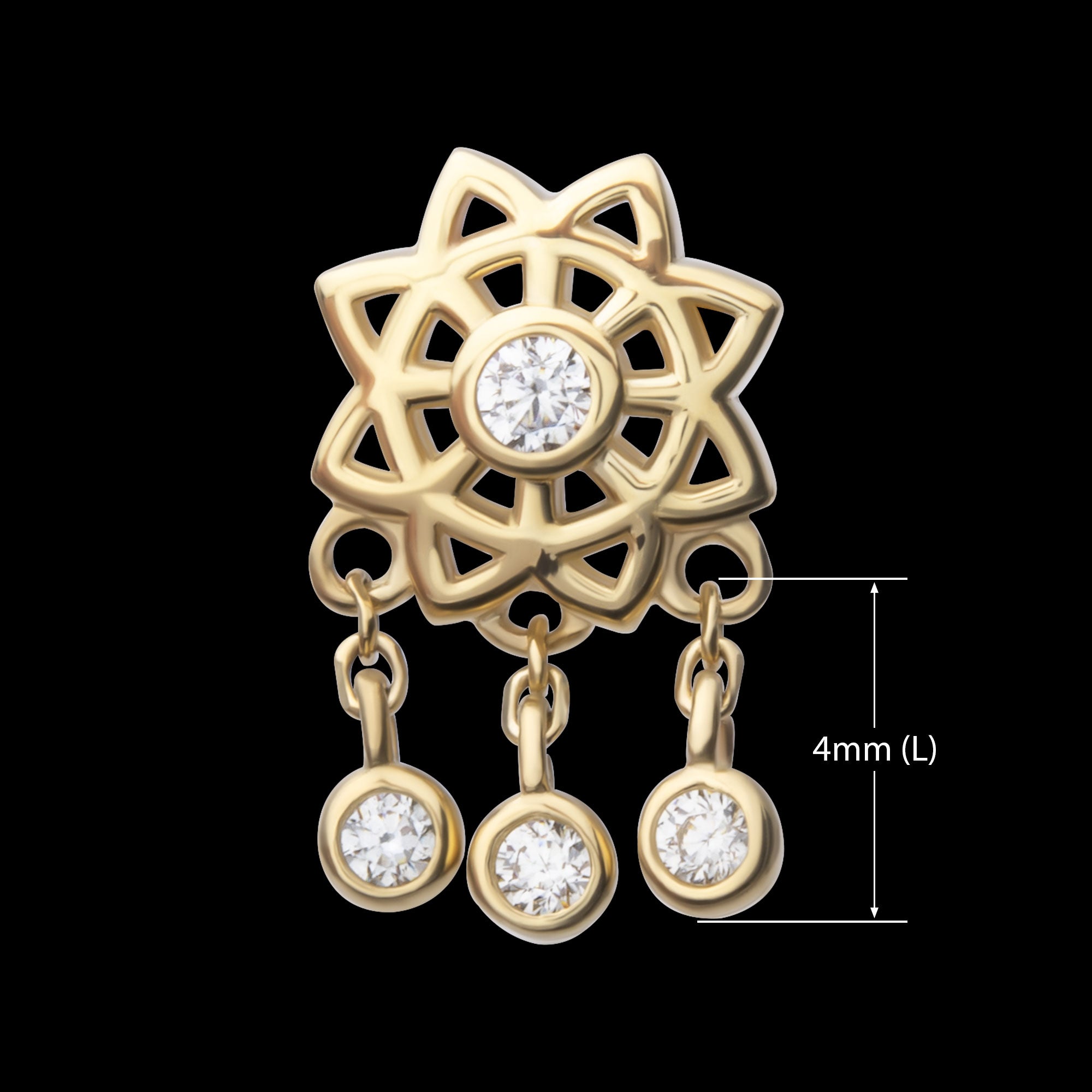 Mandala Flower with Triple Bezel Set Gem Dangle Flatback Stud Earring / Nosering - Gem in 14Kt Yellow Gold