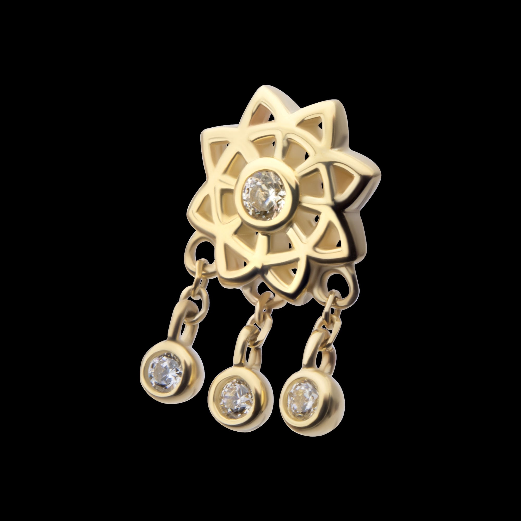 Mandala Flower with Triple Bezel Set Gem Dangle Flatback Stud Earring / Nosering - Gem in 14Kt Yellow Gold