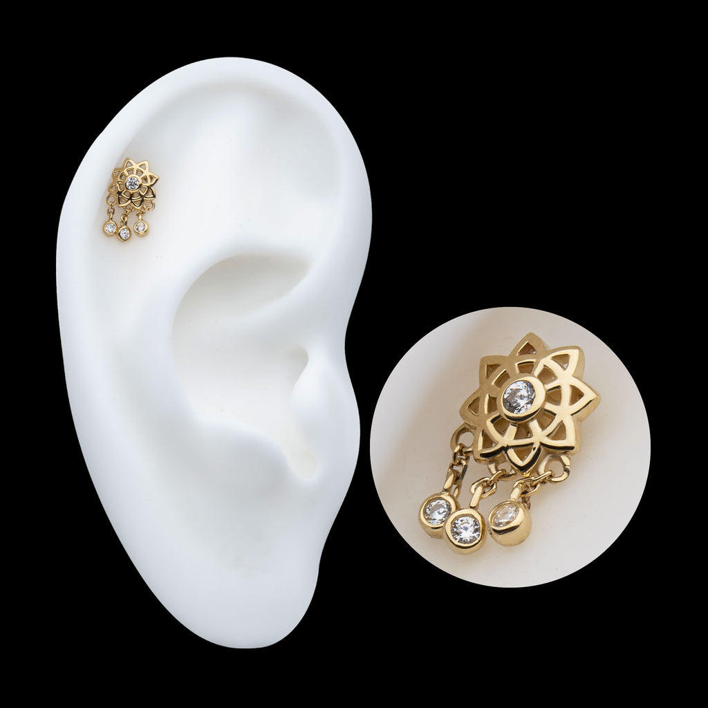 Mandala Flower with Triple Bezel Set Gem Dangle Flatback Stud Earring / Nosering - Gem in 14Kt Yellow Gold