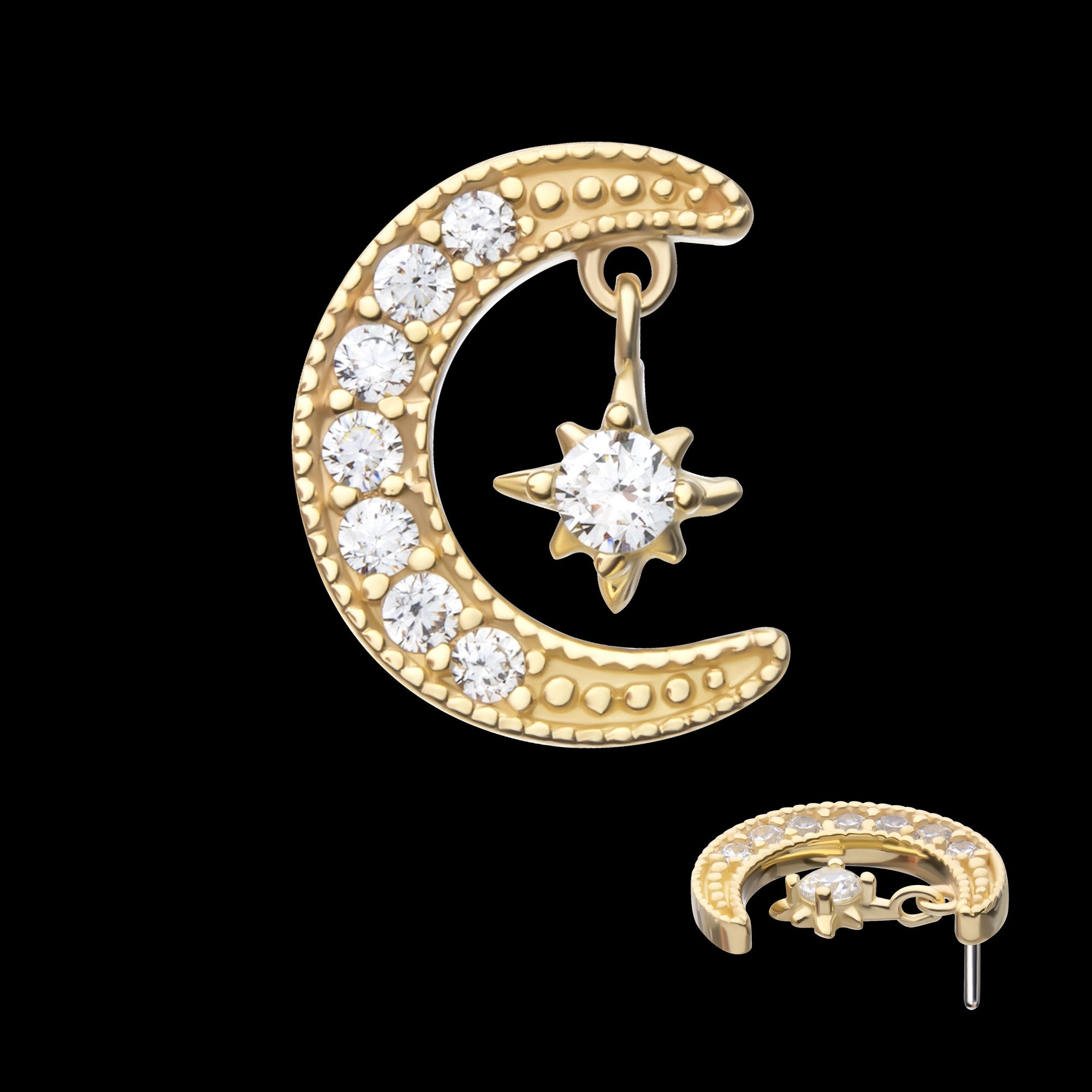Pave Set Gem Crescent Moon with Floating Star Gem Flatback Stud Earring / Nosering - Gem in 14Kt Yellow Gold