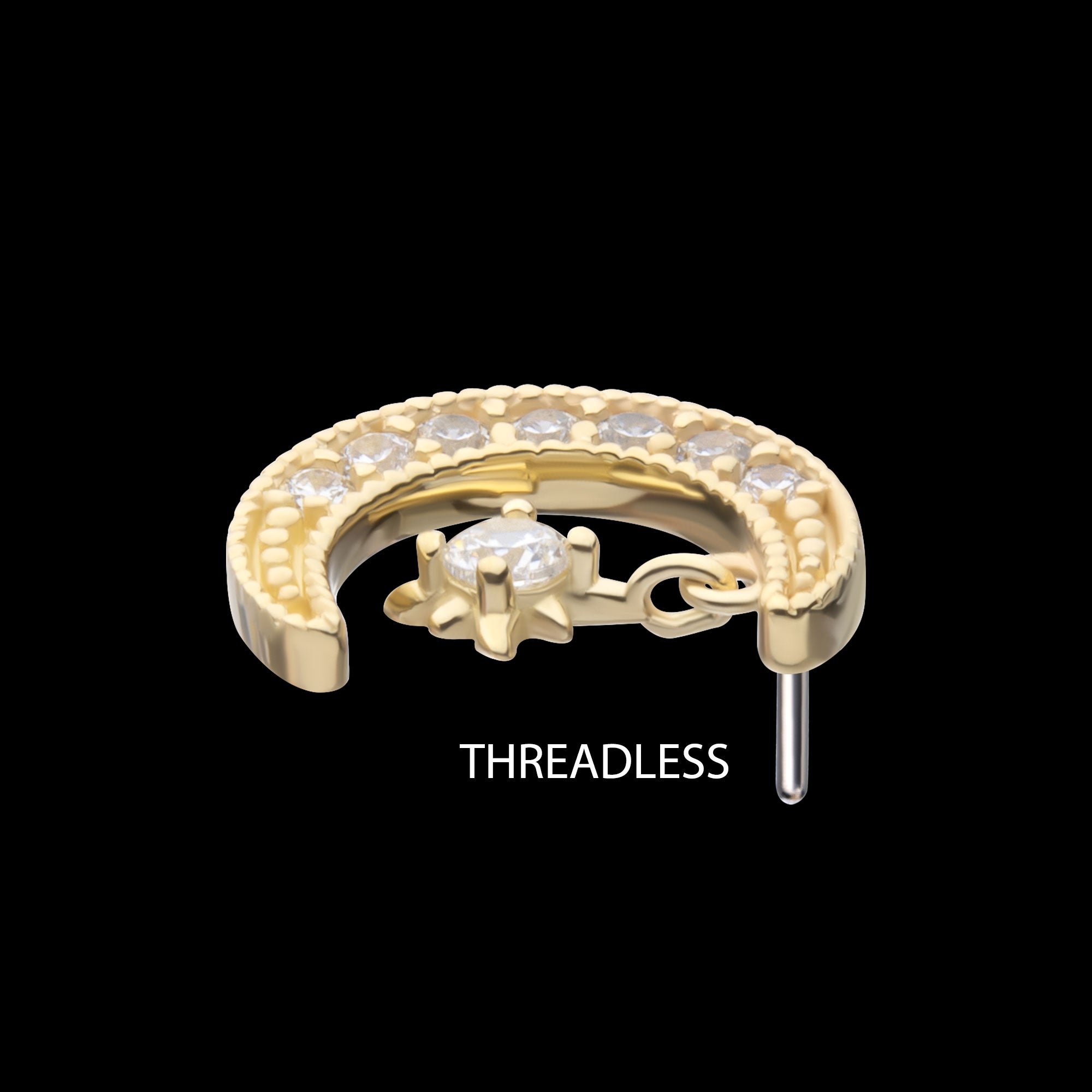 Pave Set Gem Crescent Moon with Floating Star Gem Flatback Stud Earring / Nosering - Gem in 14Kt Yellow Gold
