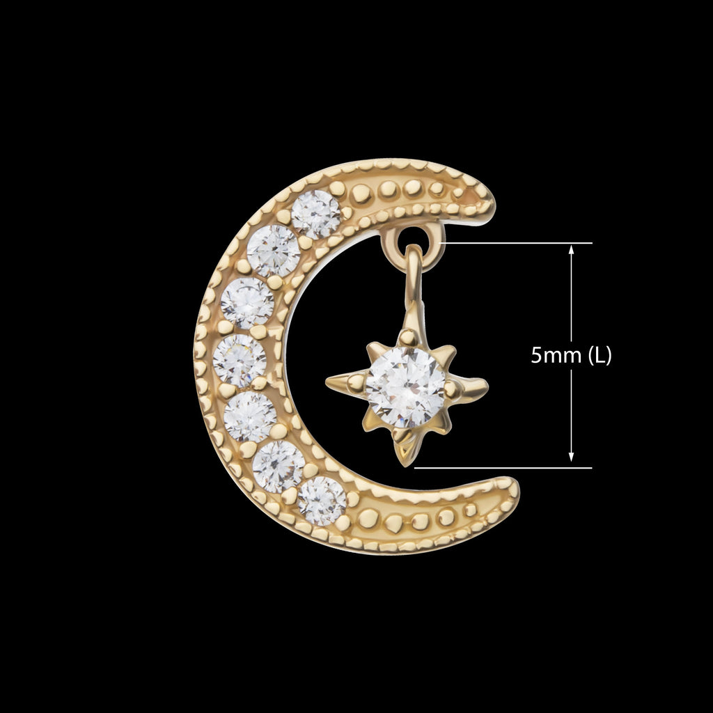 Pave Set Gem Crescent Moon with Floating Star Gem Flatback Stud Earring / Nosering - Gem in 14Kt Yellow Gold