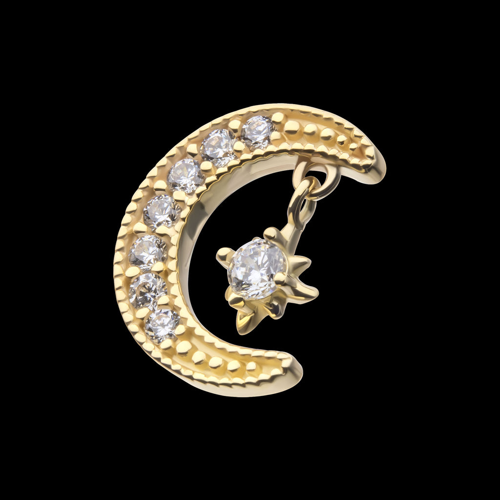 Pave Set Gem Crescent Moon with Floating Star Gem Flatback Stud Earring / Nosering - Gem in 14Kt Yellow Gold