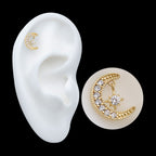 Pave Set Gem Crescent Moon with Floating Star Gem Flatback Stud Earring / Nosering - Gem in 14Kt Yellow Gold
