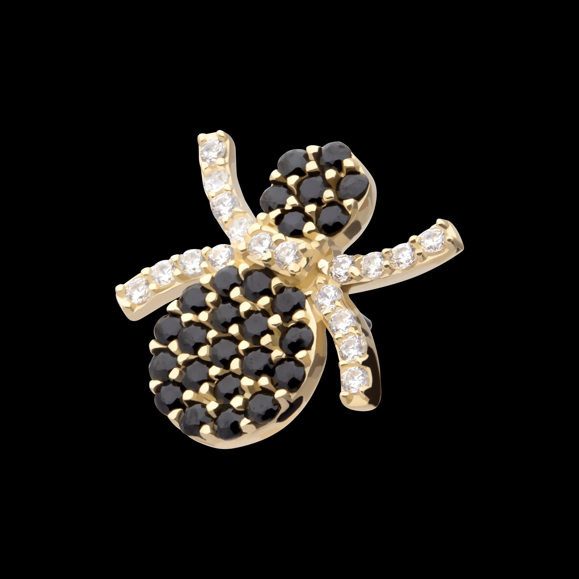 Pave Set Full Clear and Black Gem Spider Flatback Stud Earring / Nosering - Black Gem in 14Kt Yellow Gold