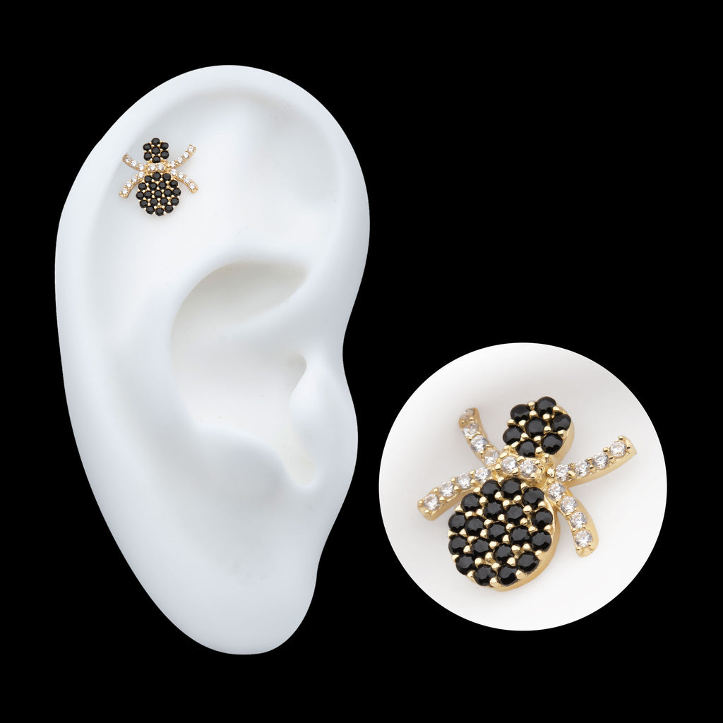 Pave Set Full Clear and Black Gem Spider Flatback Stud Earring / Nosering - Black Gem in 14Kt Yellow Gold