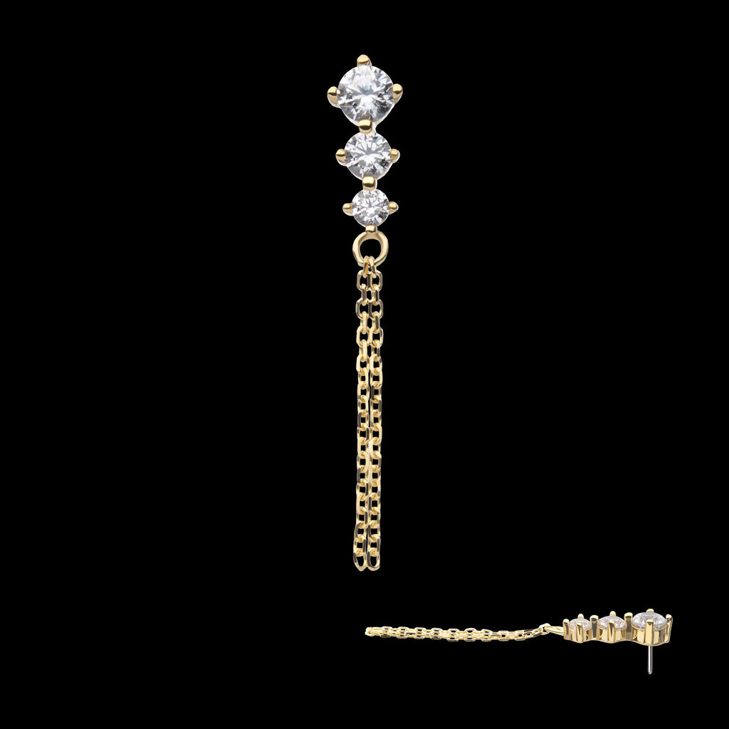 3-Graduated Round Gem with 2-Chain Dangle Flatback Stud Earring / Nosering - Gem in 14Kt Yellow Gold