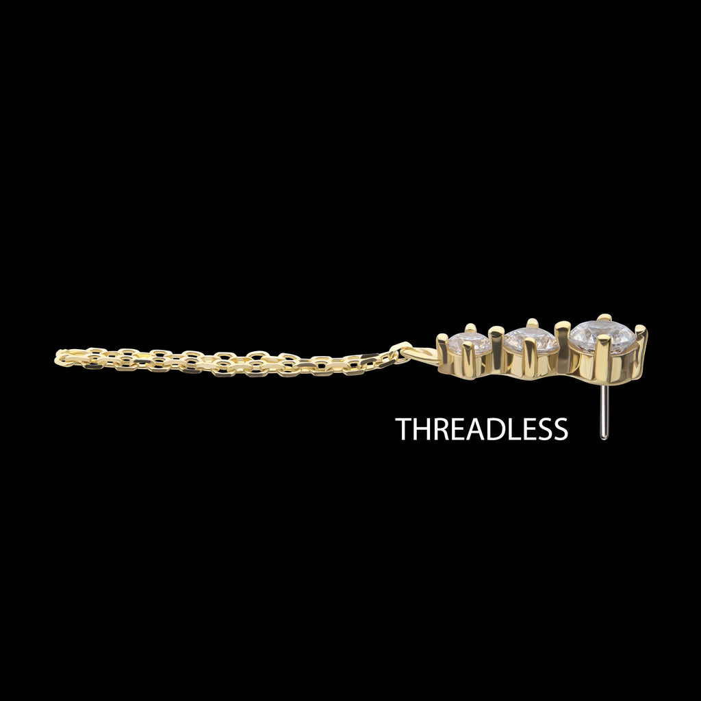 3-Graduated Round Gem with 2-Chain Dangle Flatback Stud Earring / Nosering - Gem in 14Kt Yellow Gold