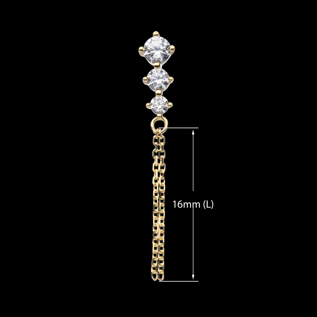 3-Graduated Round Gem with 2-Chain Dangle Flatback Stud Earring / Nosering - Gem in 14Kt Yellow Gold