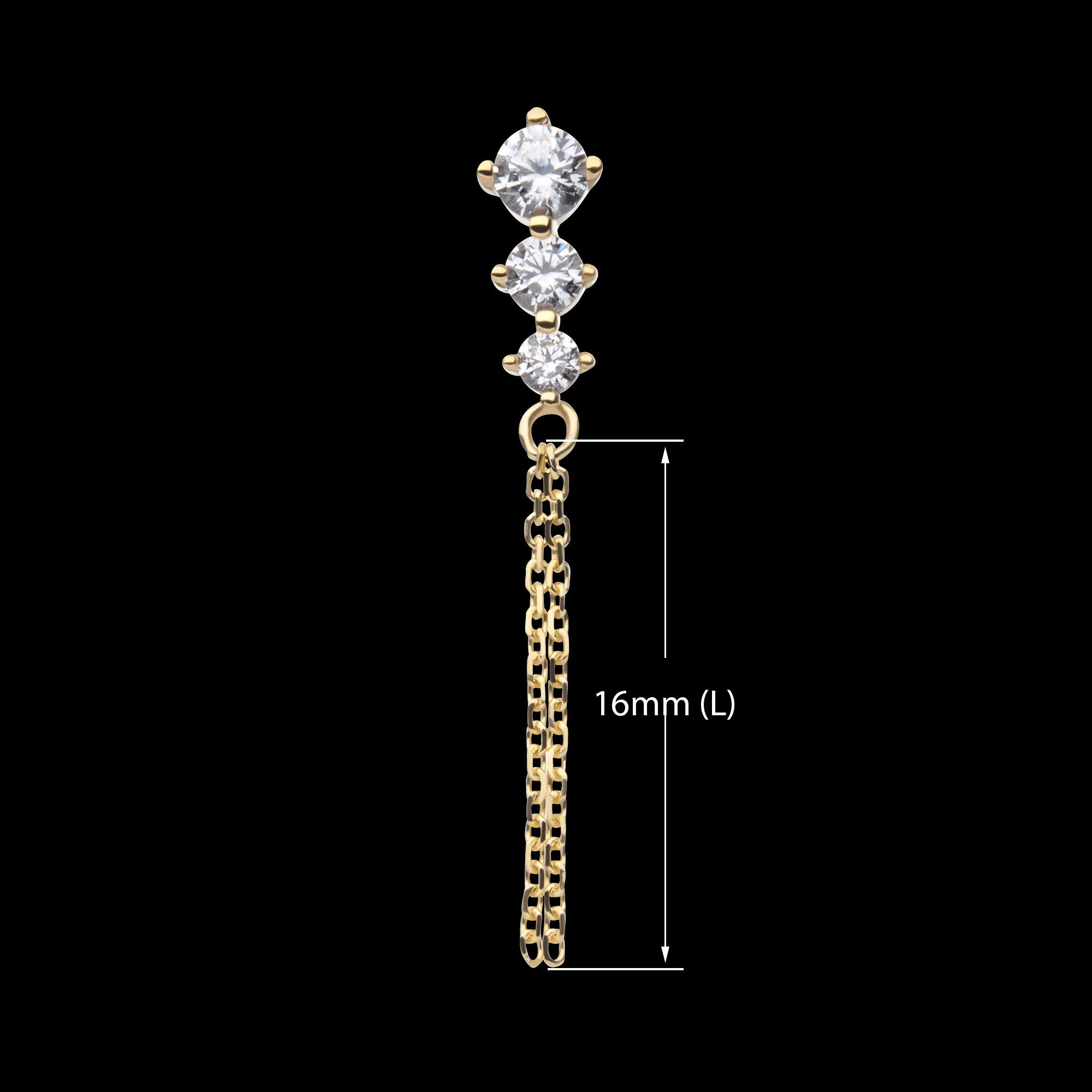 3-Graduated Round Gem with 2-Chain Dangle Flatback Stud Earring / Nosering - Gem in 14Kt Yellow Gold