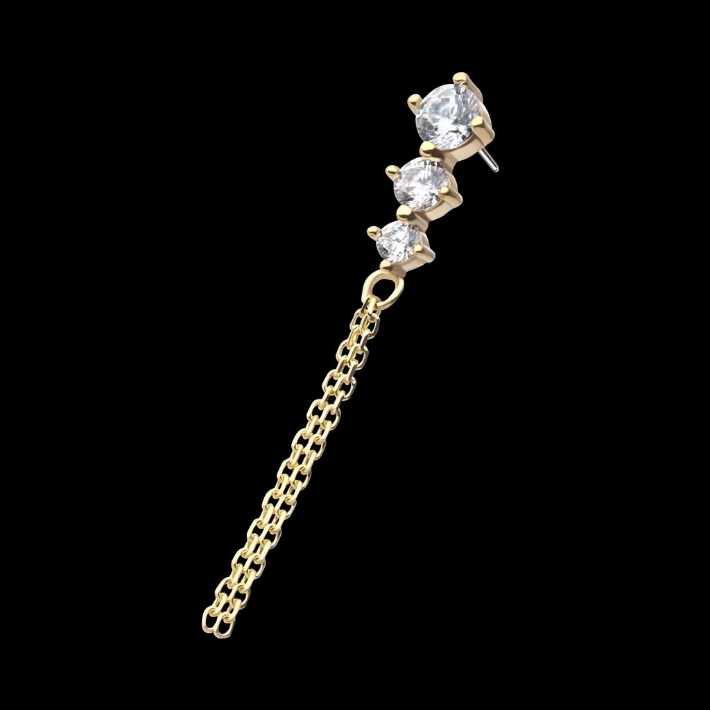 3-Graduated Round Gem with 2-Chain Dangle Flatback Stud Earring / Nosering - Gem in 14Kt Yellow Gold