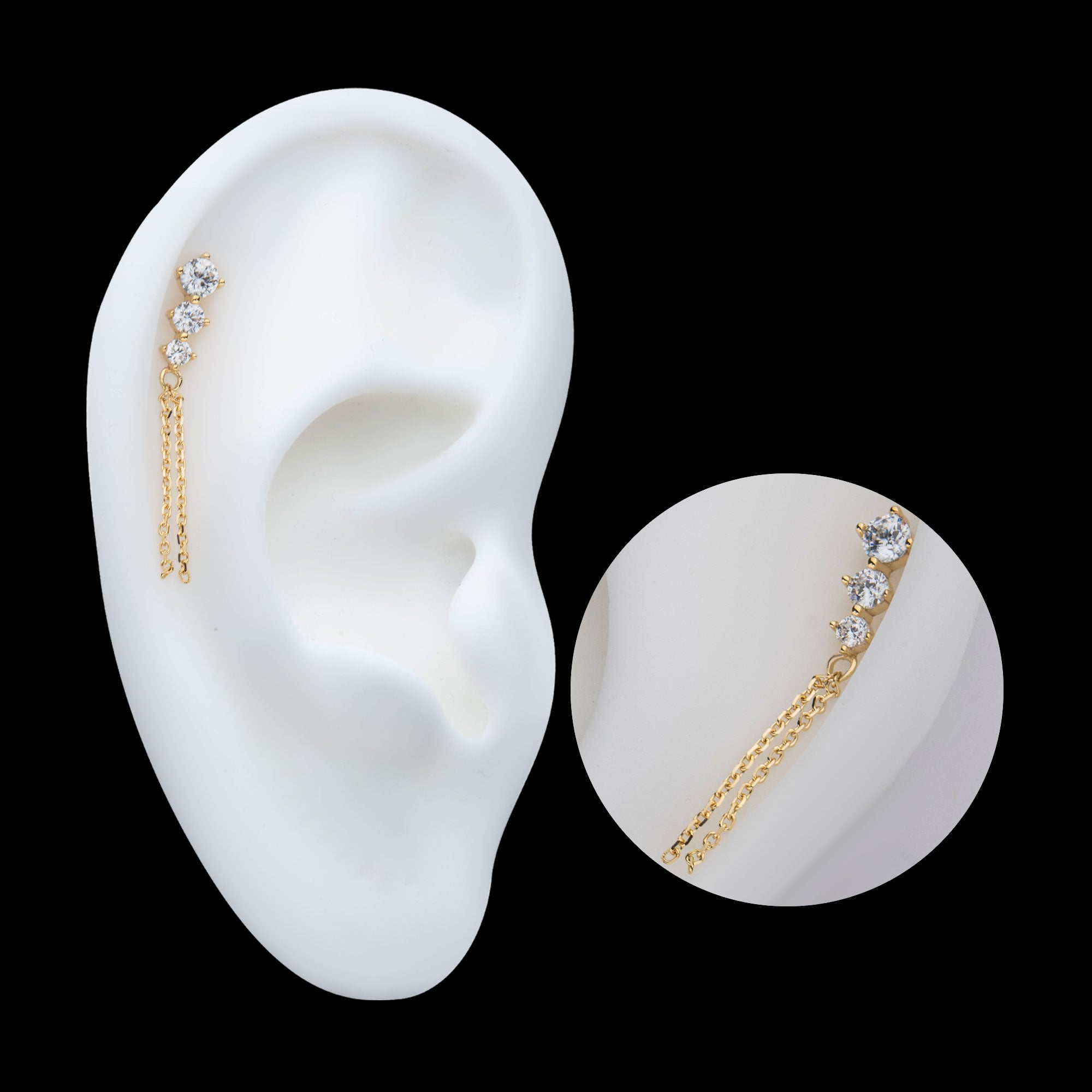 3-Graduated Round Gem with 2-Chain Dangle Flatback Stud Earring / Nosering - Gem in 14Kt Yellow Gold