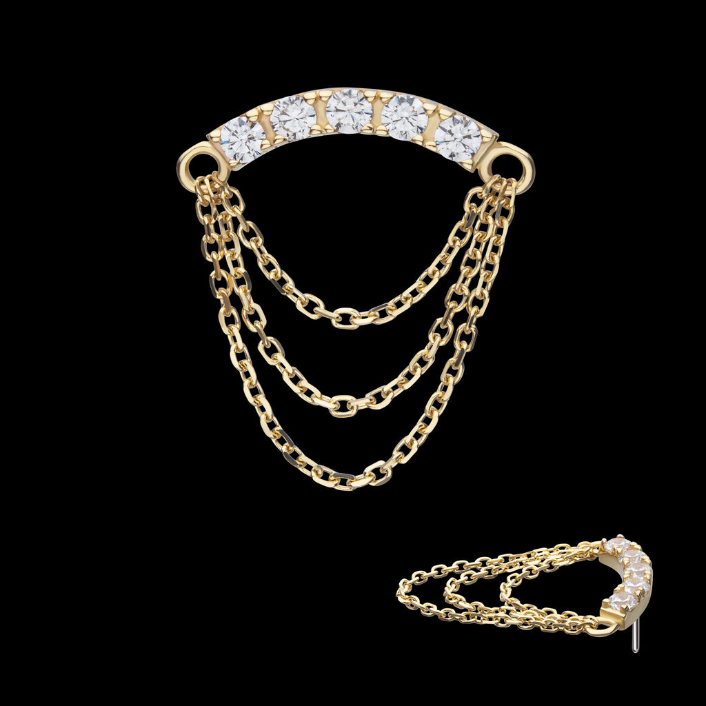 Gem Curved Bar with 3-Tier Chain Dangle Flatback Stud Earring / Nosering - Gem in 14Kt Yellow Gold