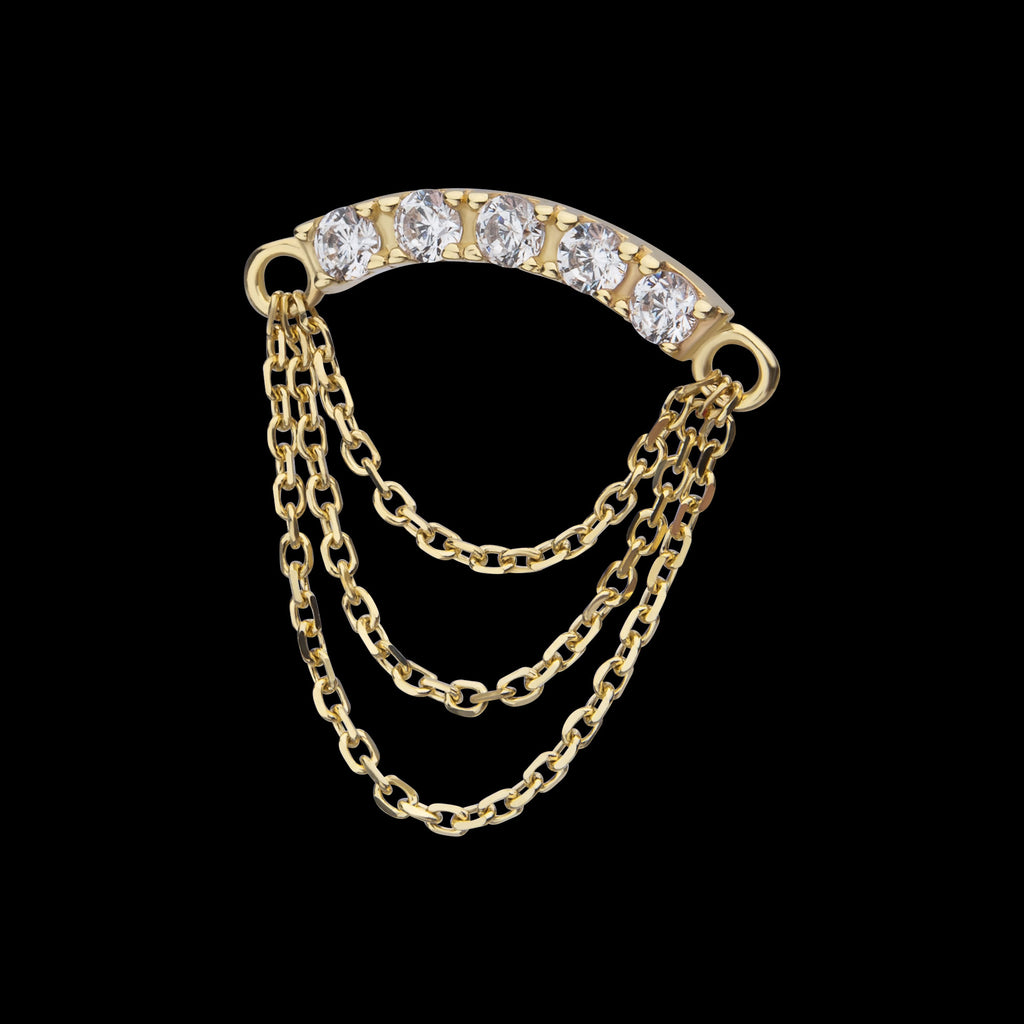 Gem Curved Bar with 3-Tier Chain Dangle Flatback Stud Earring / Nosering - Gem in 14Kt Yellow Gold