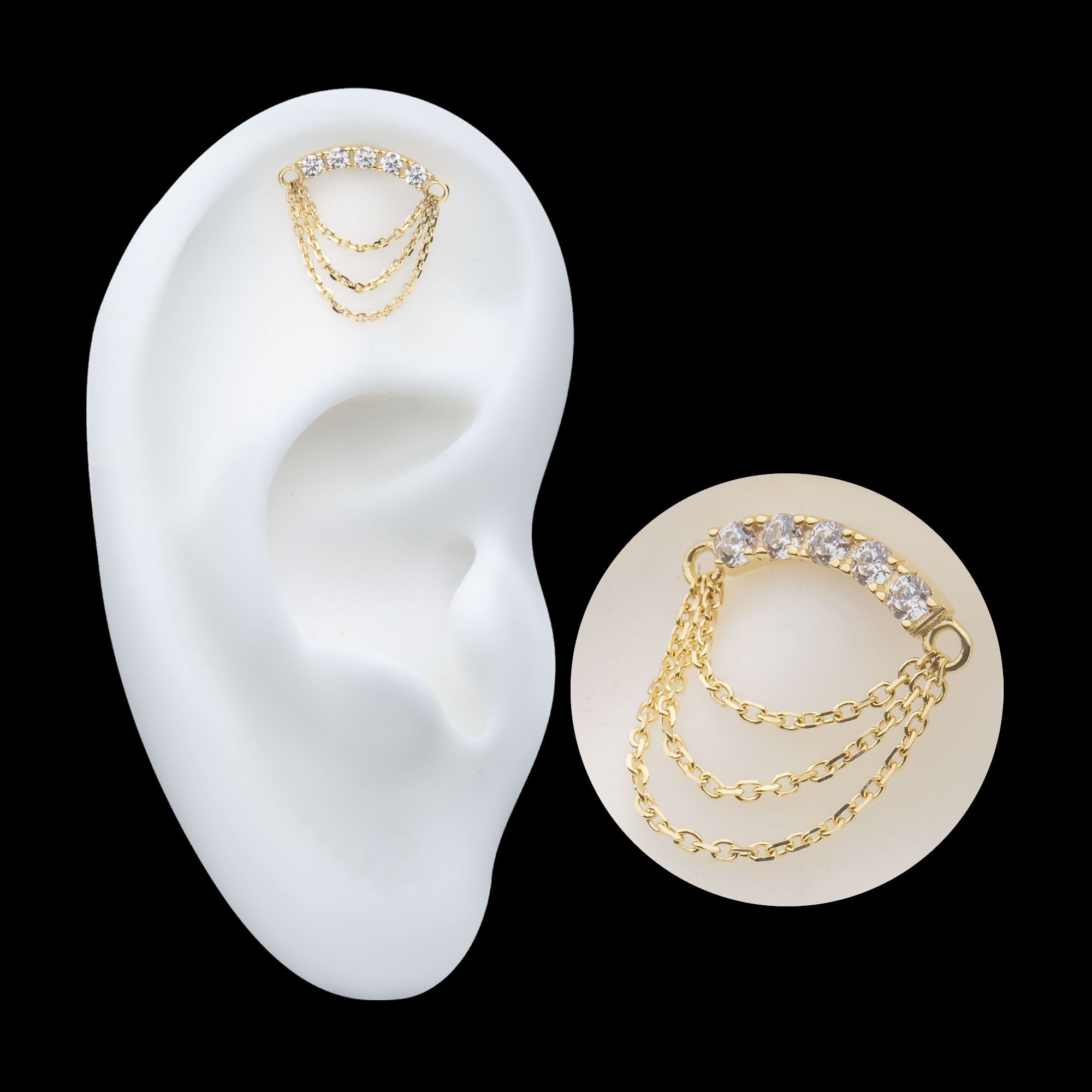 Gem Curved Bar with 3-Tier Chain Dangle Flatback Stud Earring / Nosering - Gem in 14Kt Yellow Gold