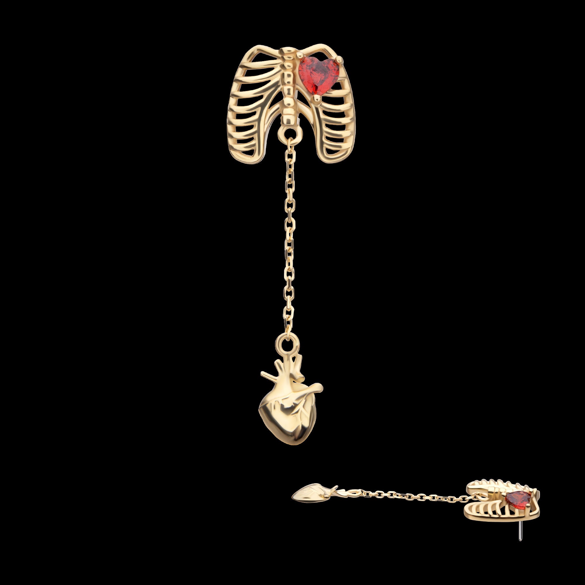 Heart Gem Rib Cage with Anatomical Heart Dangle Flatback Stud Earring / Nosering - Gem in 14Kt Yellow Gold