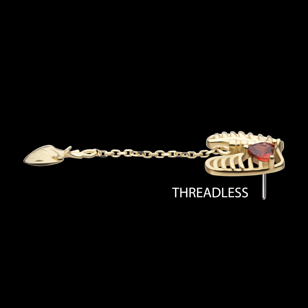 Heart Gem Rib Cage with Anatomical Heart Dangle Flatback Stud Earring / Nosering - Gem in 14Kt Yellow Gold