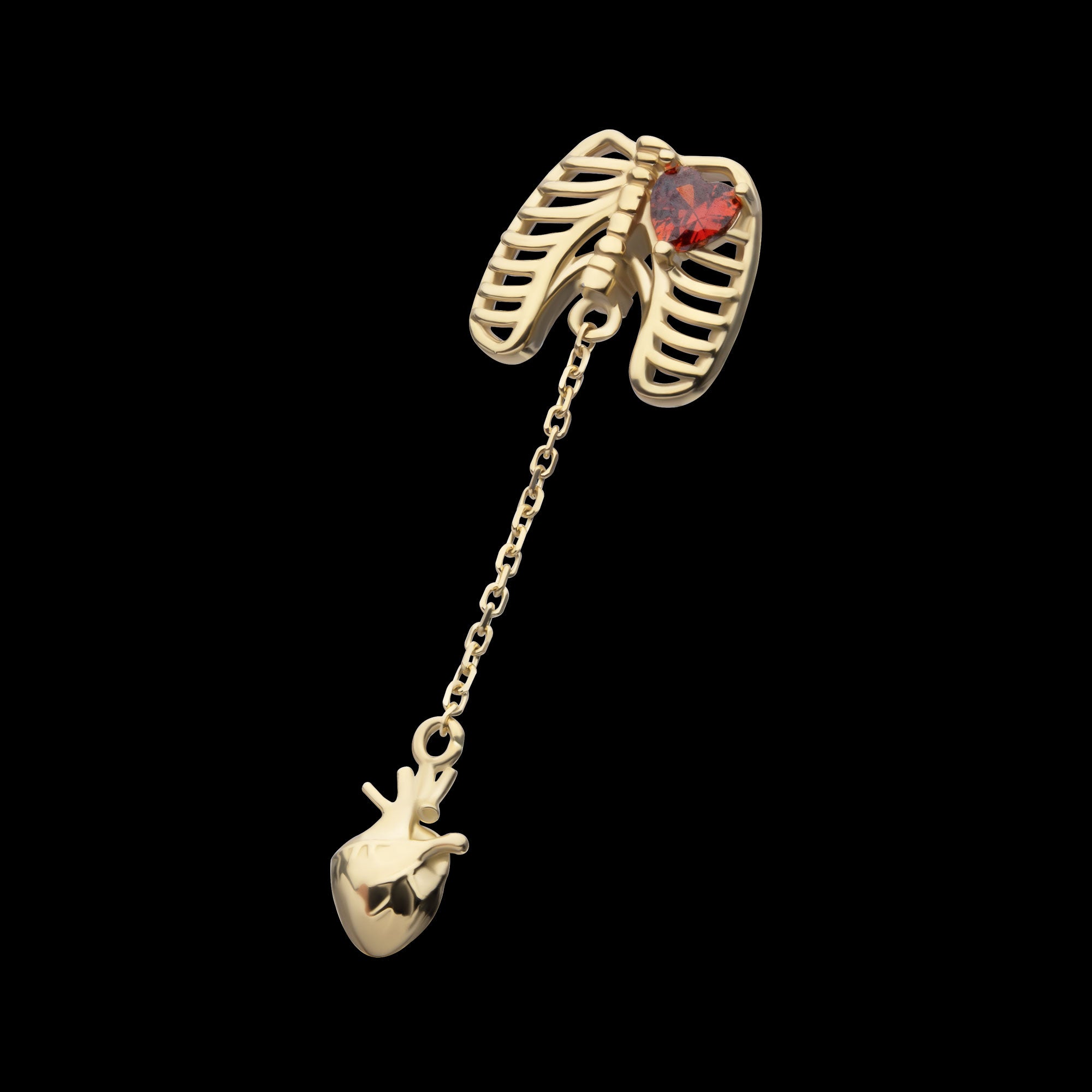 Heart Gem Rib Cage with Anatomical Heart Dangle Flatback Stud Earring / Nosering - Gem in 14Kt Yellow Gold