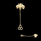 Honeycomb with Bee Chain Dangle Flatback Stud Earring / Nosering - 14Kt Yellow Gold
