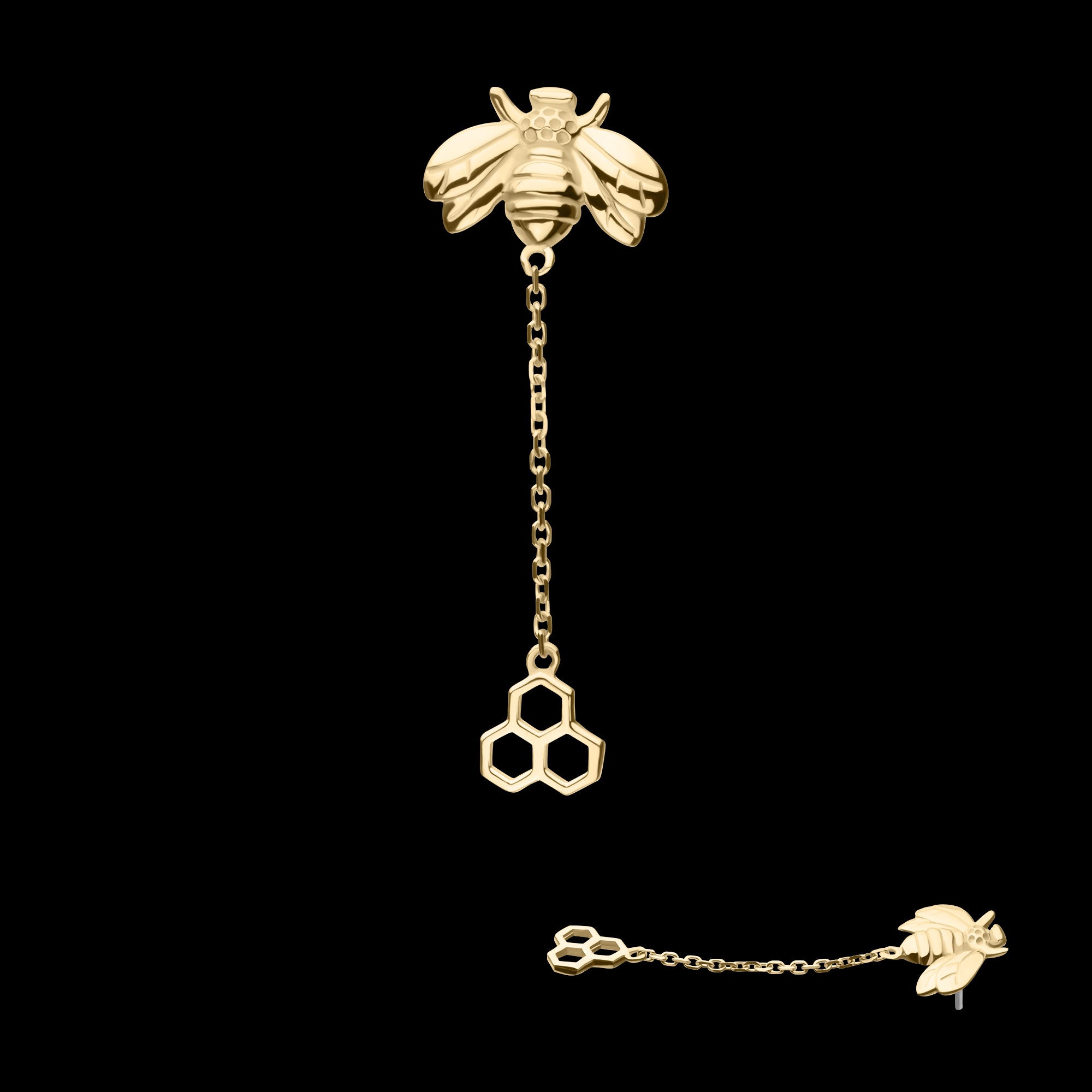 Honeycomb with Bee Chain Dangle Flatback Stud Earring / Nosering - 14Kt Yellow Gold