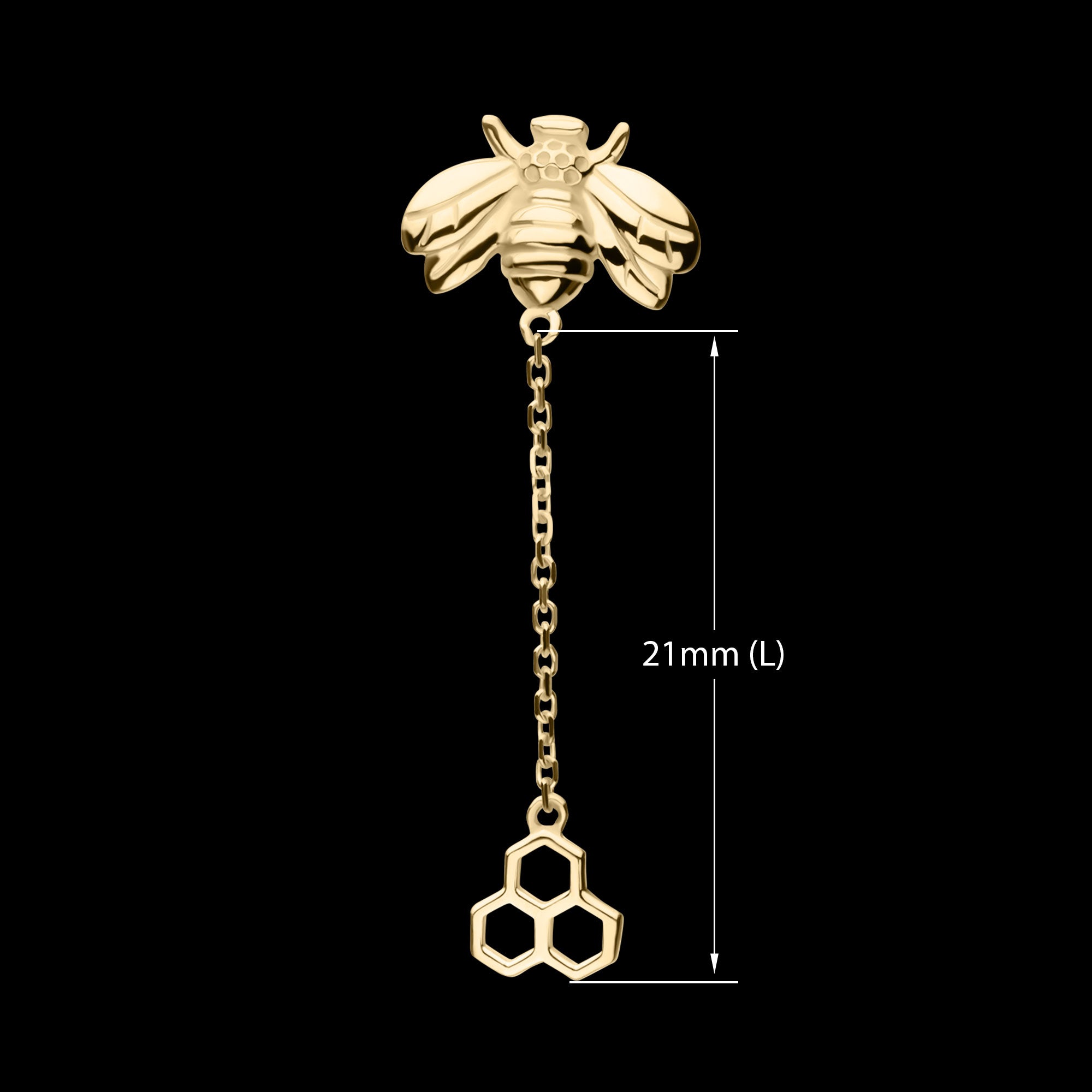 Honeycomb with Bee Chain Dangle Flatback Stud Earring / Nosering - 14Kt Yellow Gold