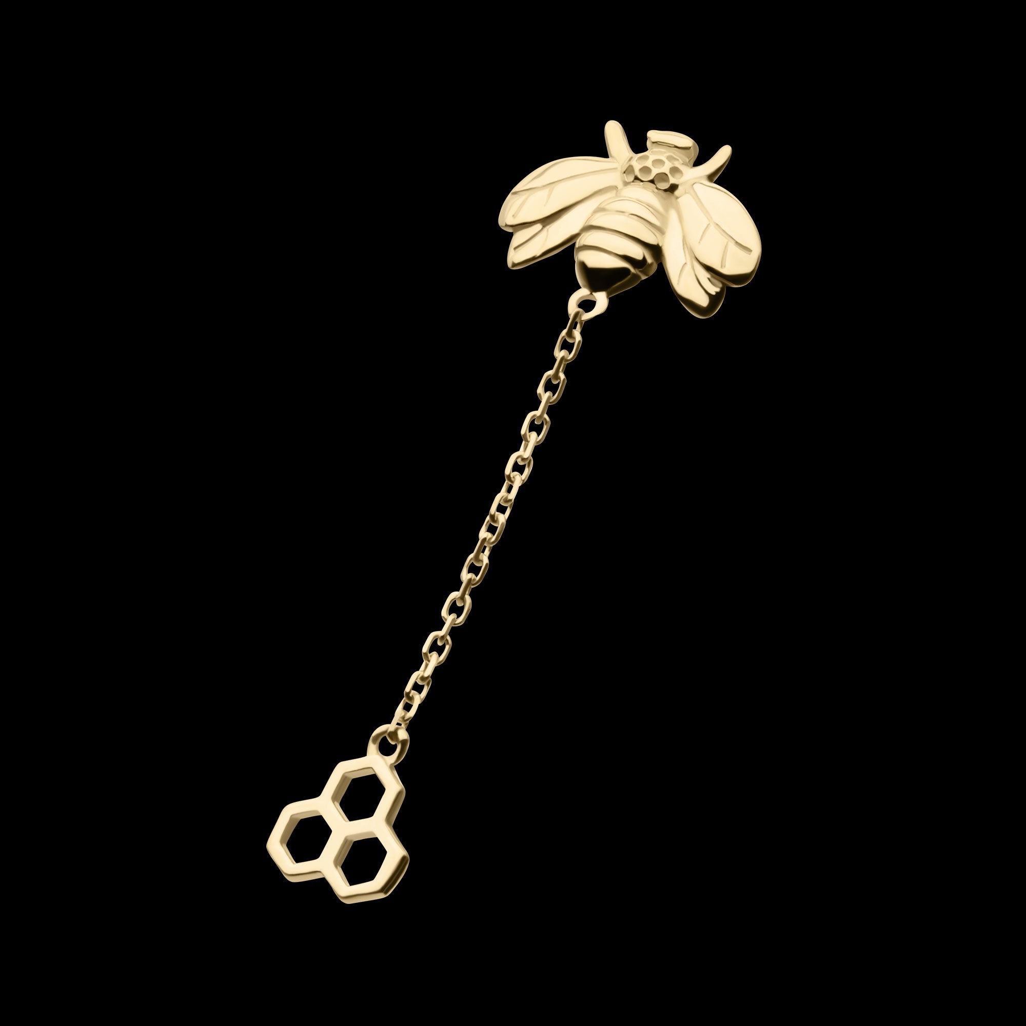 Honeycomb with Bee Chain Dangle Flatback Stud Earring / Nosering - 14Kt Yellow Gold