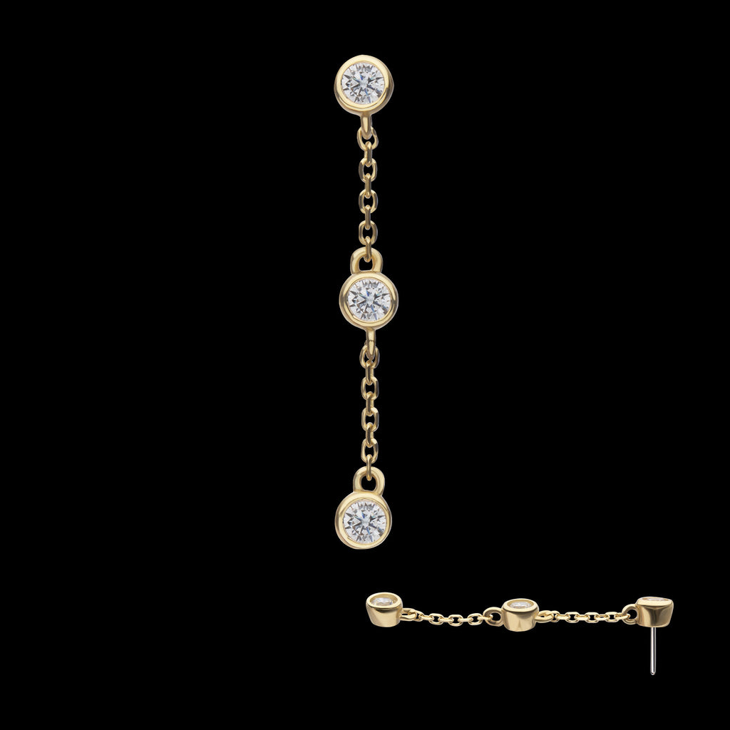 Triple Bezel Set Round Gem Dangle Flatback Stud Earring / Nosering - Gem in 14Kt Yellow Gold
