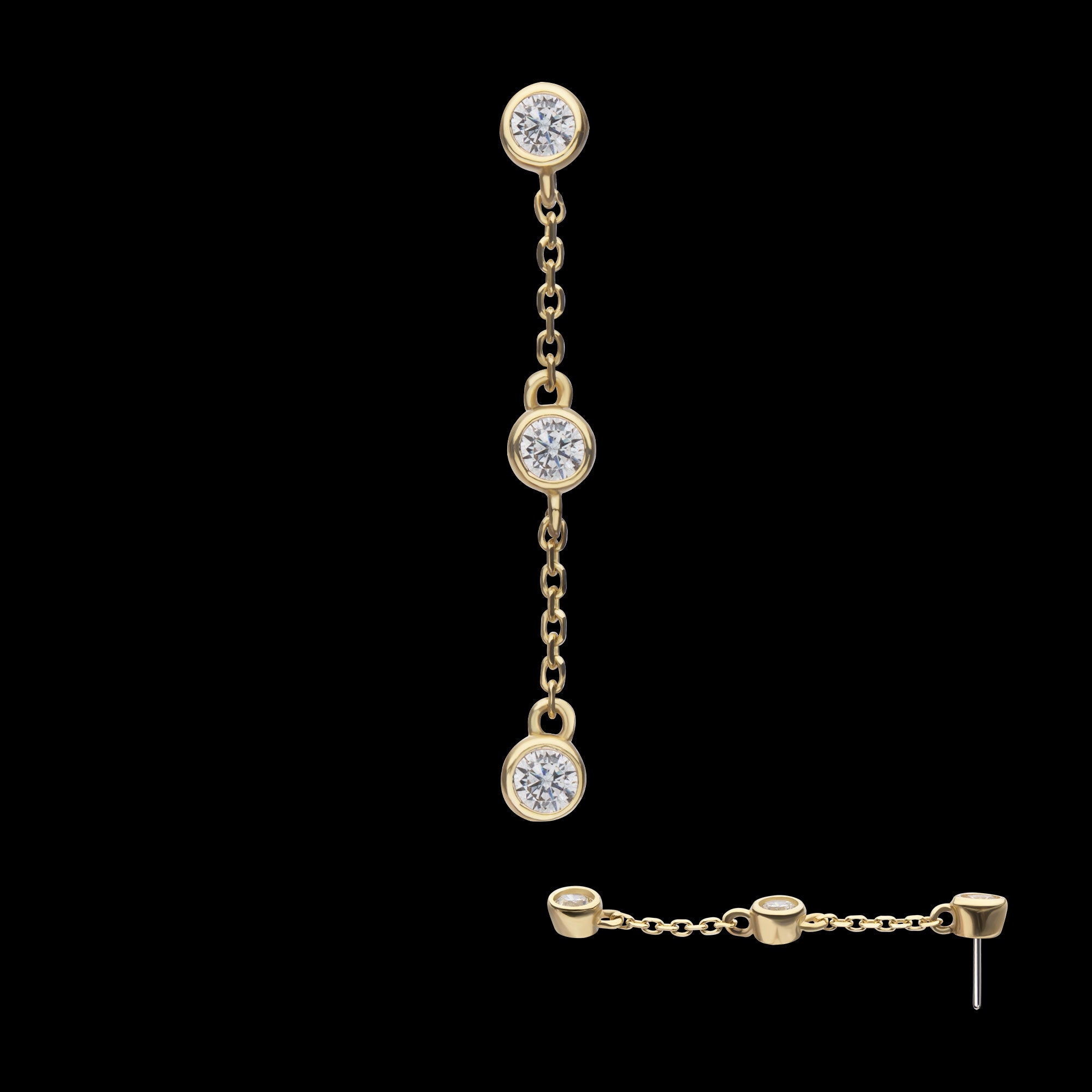 Triple Bezel Set Round Gem Dangle Flatback Stud Earring / Nosering - Gem in 14Kt Yellow Gold