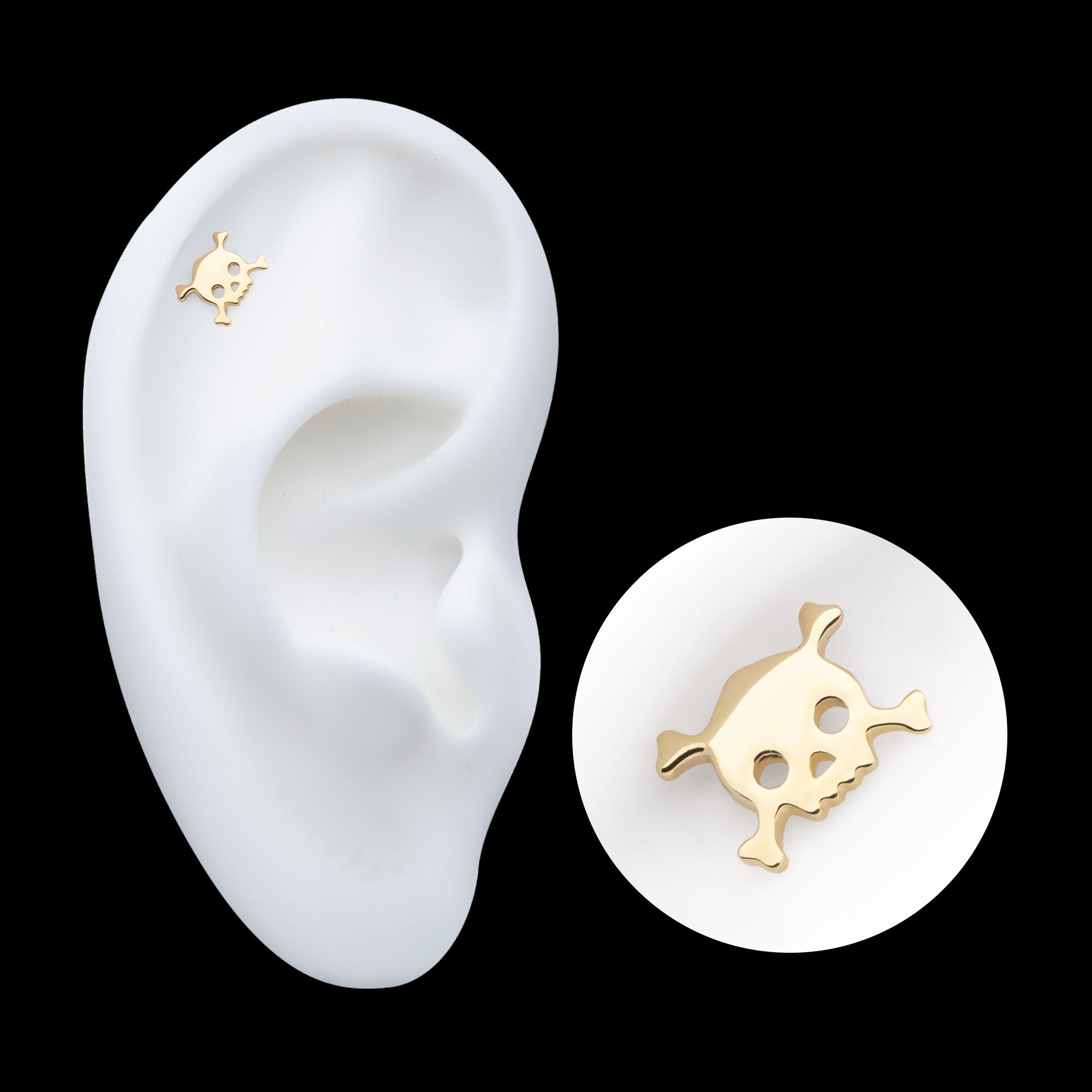 Polished Finish Skulls and Crossbones Flatback Stud Earring / Nosering - 14Kt Yellow Gold