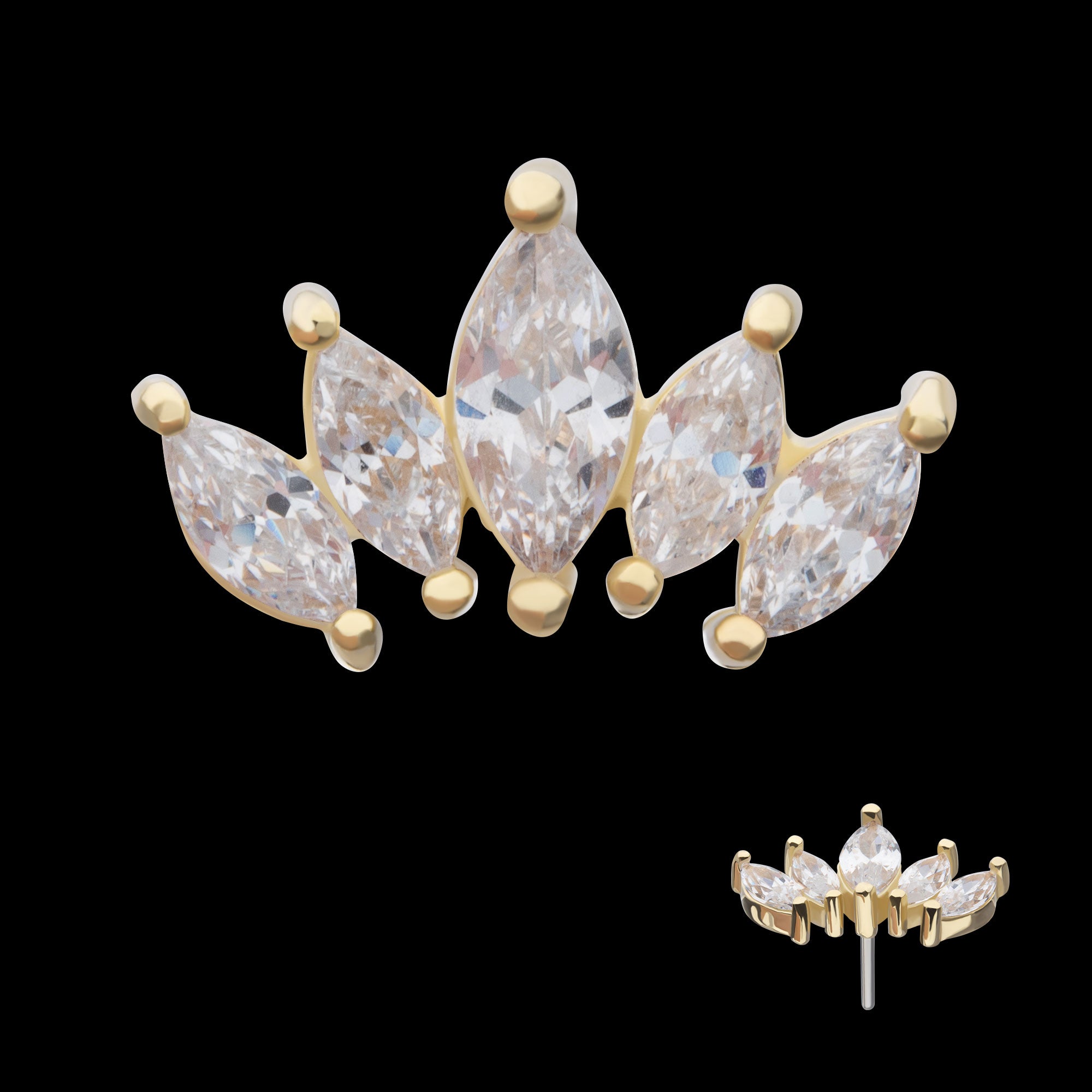 Prong Set Marquise Gem Cluster Fan Shape Flatback Stud Earring / Nosering - Gem in 14Kt Yellow Gold