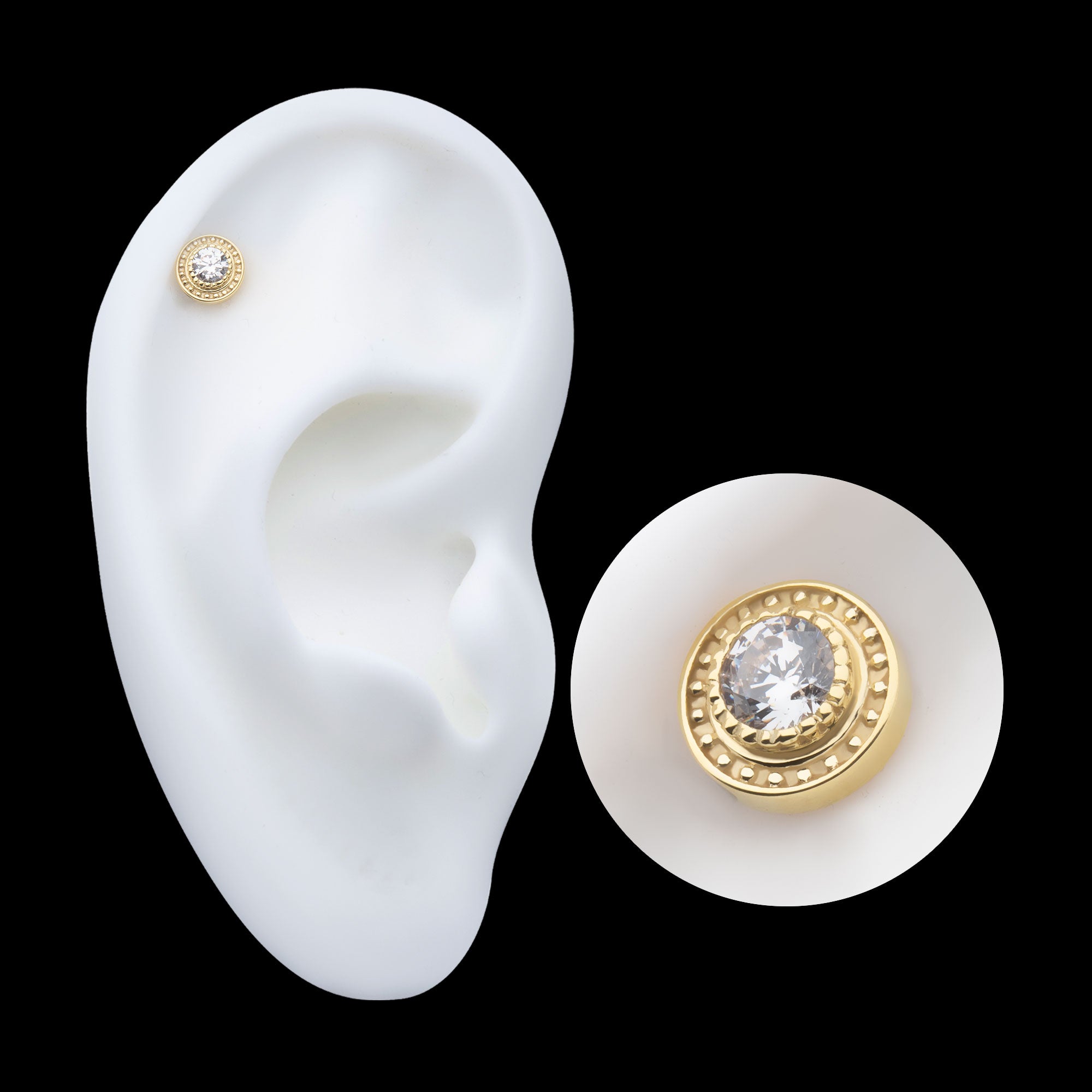 Beaded Edge Bezel Set Gem Flatback Stud Earring / Nosering - Gem in 14Kt Yellow Gold
