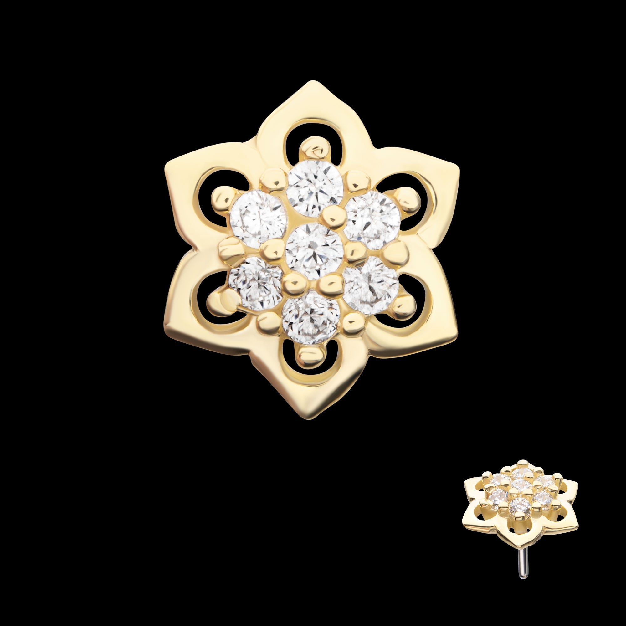 Pave Set 7-Gem Mandala Flower Flatback Stud Earring / Nosering - Gem in 14Kt Yellow Gold