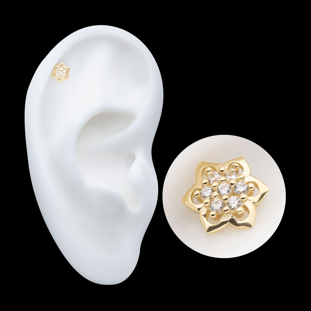 Pave Set 7-Gem Mandala Flower Flatback Stud Earring / Nosering - Gem in 14Kt Yellow Gold